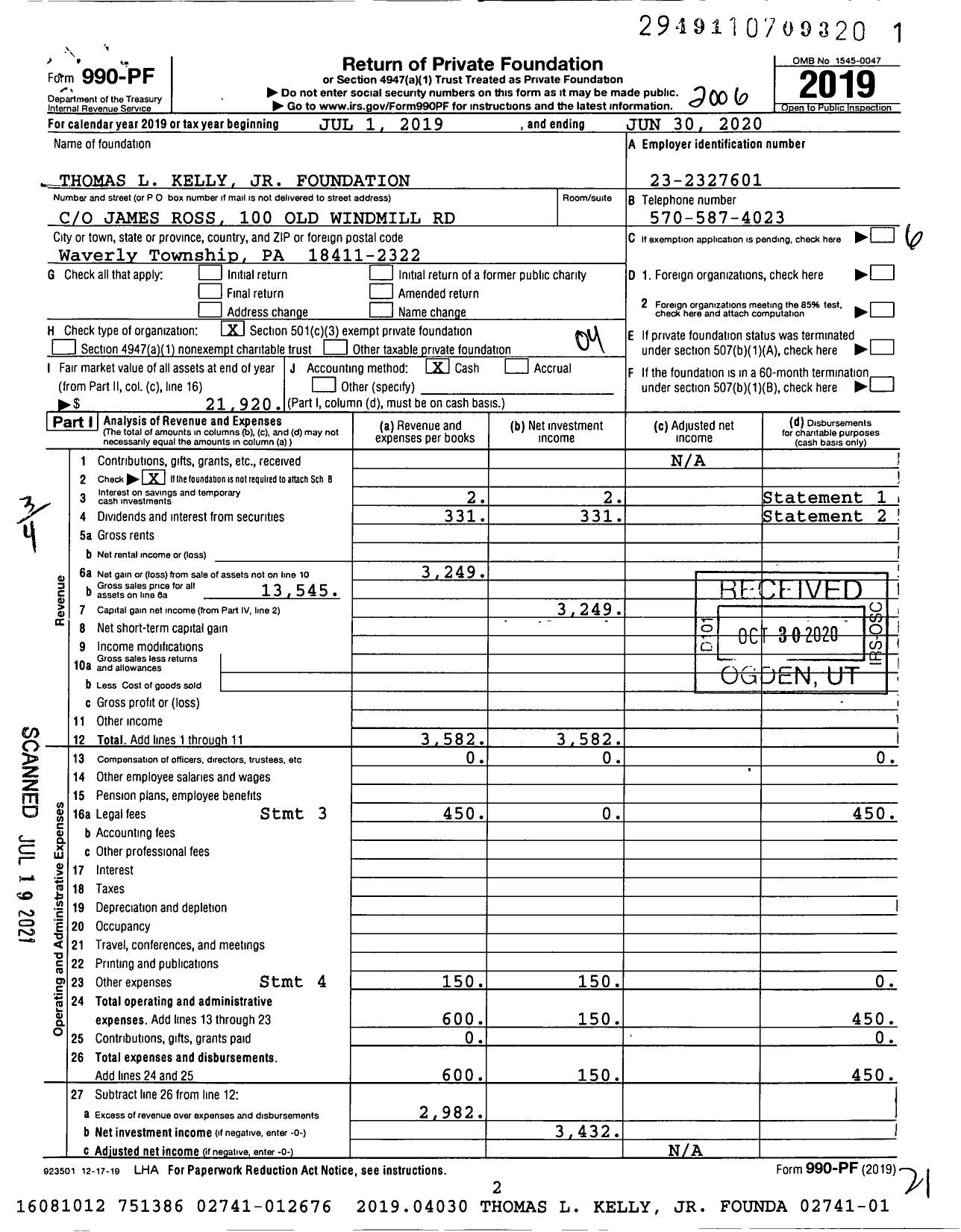 Image of first page of 2019 Form 990PF for Thomas L Kelly JR Foundation