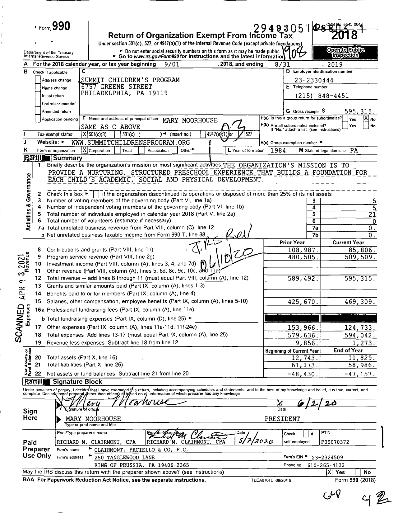 Image of first page of 2018 Form 990 for Summit Childrens Program