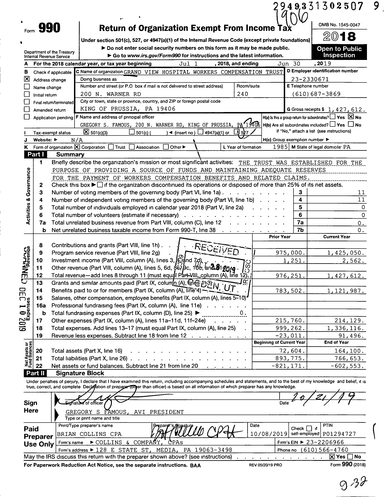 Image of first page of 2018 Form 990 for Grand View Hospital Workers Compensation Trust