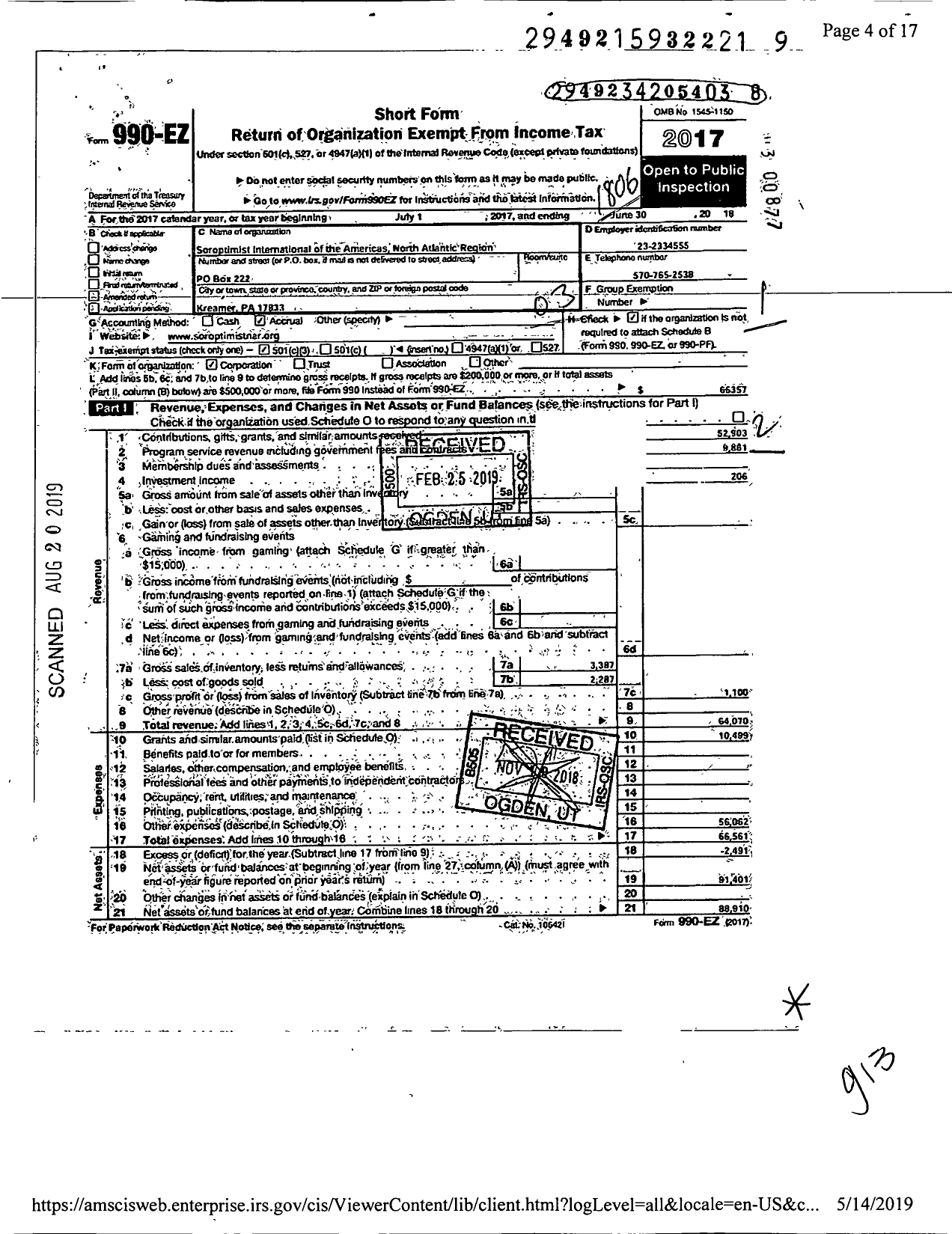 Image of first page of 2017 Form 990EZ for Soroptimist International of the Americas - 102000 North Atlantic Region