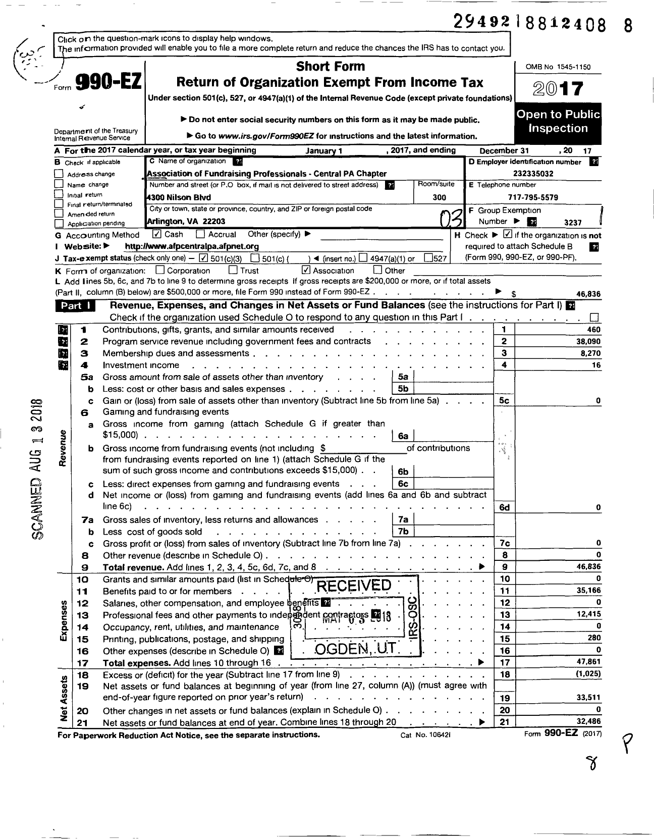 Image of first page of 2017 Form 990EZ for Association of Fundraising Professionals - PA Central Chapter