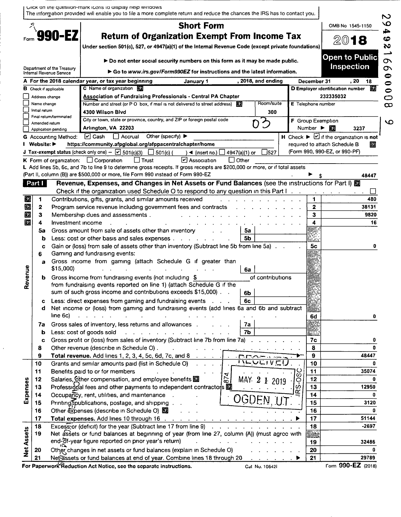 Image of first page of 2018 Form 990EZ for Association of Fundraising Professionals - PA Central Chapter