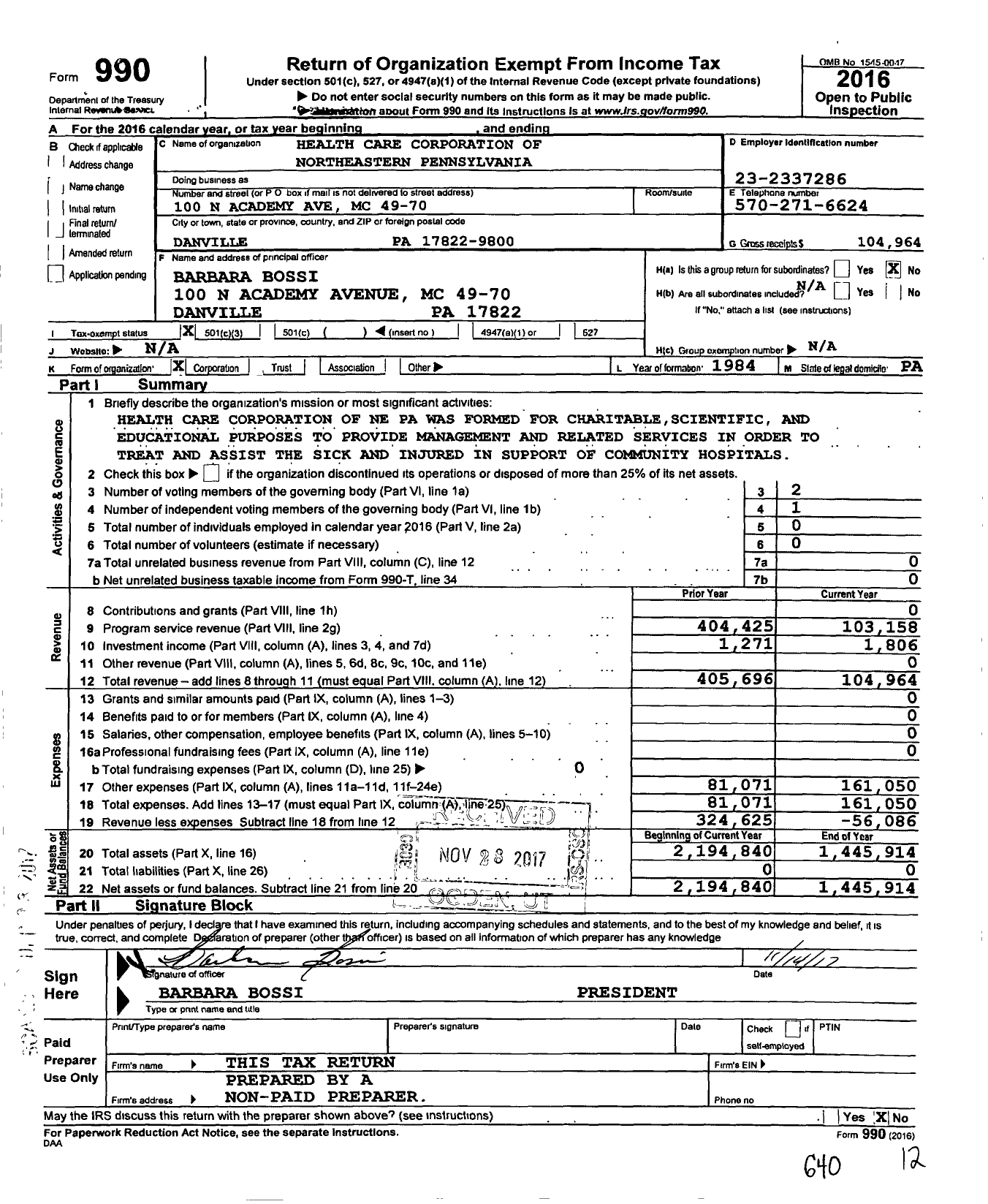 Image of first page of 2016 Form 990 for Health Care Corporation of Northeastern Pennsylvania
