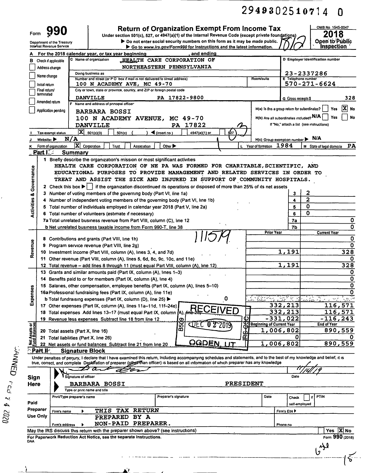 Image of first page of 2018 Form 990 for Health Care Corporation of Northeastern Pennsylvania