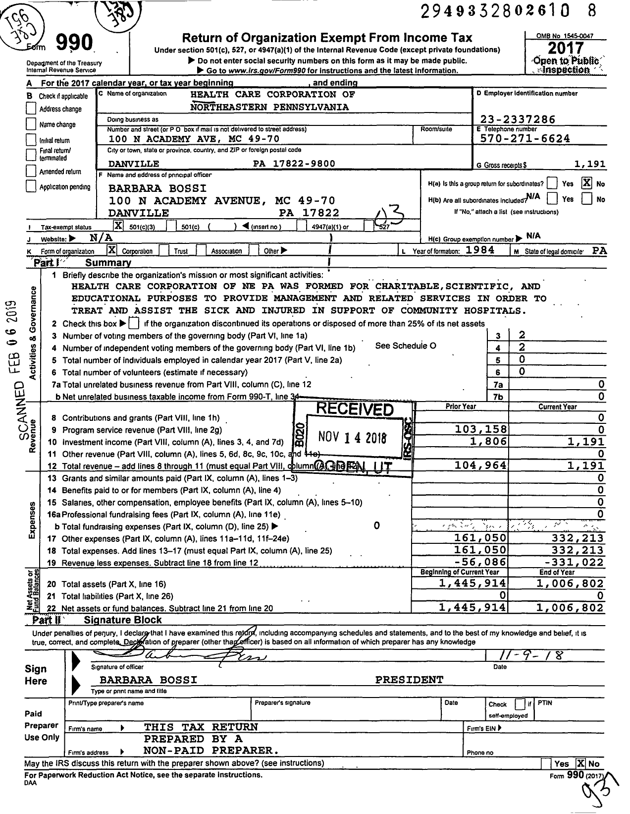 Image of first page of 2017 Form 990 for Health Care Corporation of Northeastern Pennsylvania
