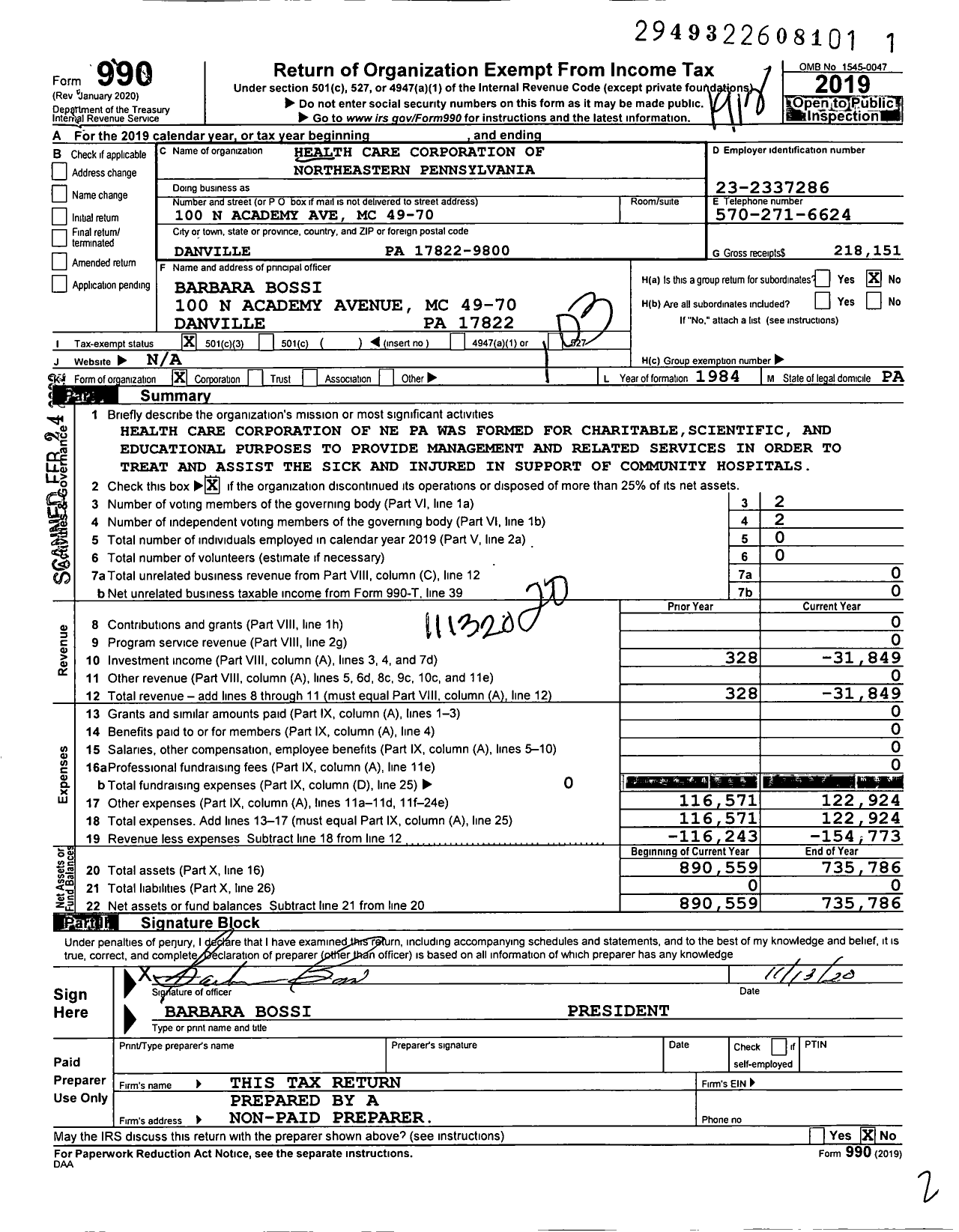 Image of first page of 2019 Form 990 for Health Care Corporation of Northeastern Pennsylvania