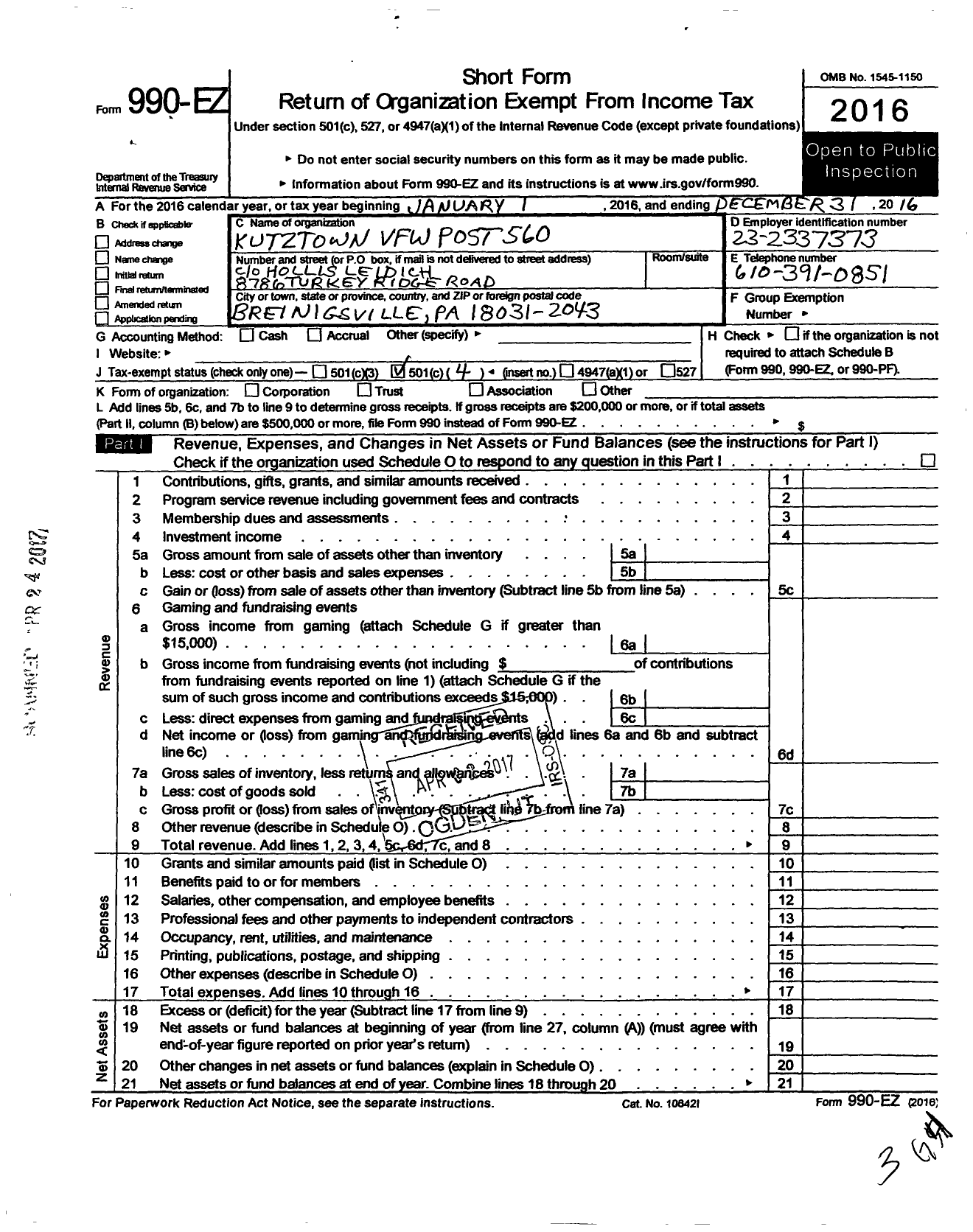 Image of first page of 2016 Form 990EO for VFW Department of Pennsylvania - 560 Kutztown