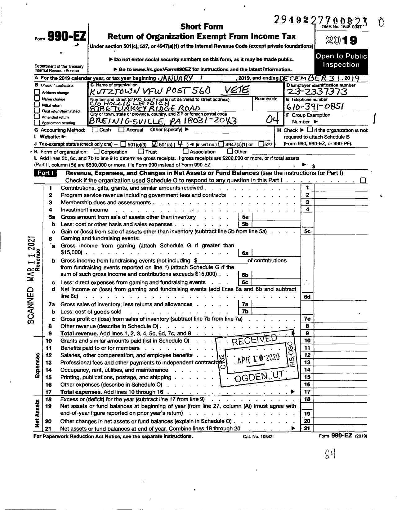 Image of first page of 2019 Form 990EO for VFW Department of Pennsylvania - 560 Kutztown