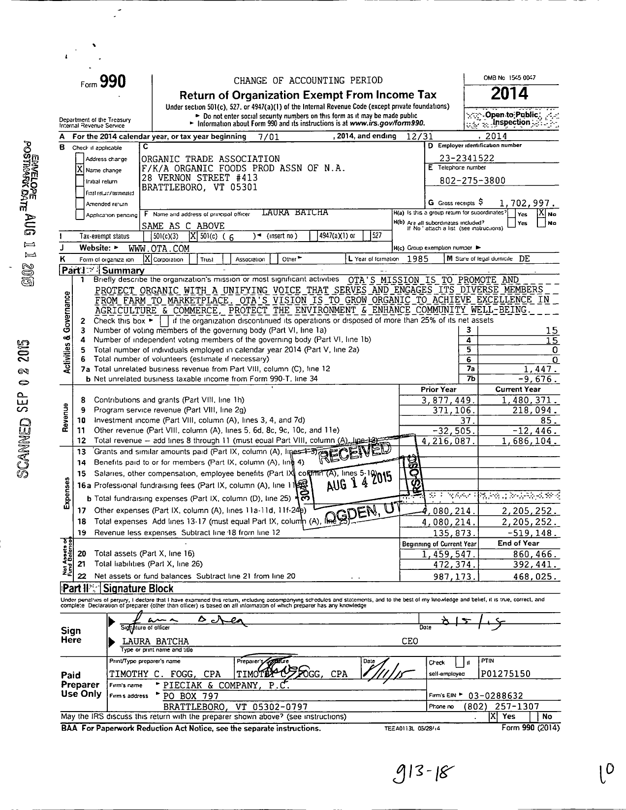 Image of first page of 2014 Form 990O for Organic Trade Association (OTA)