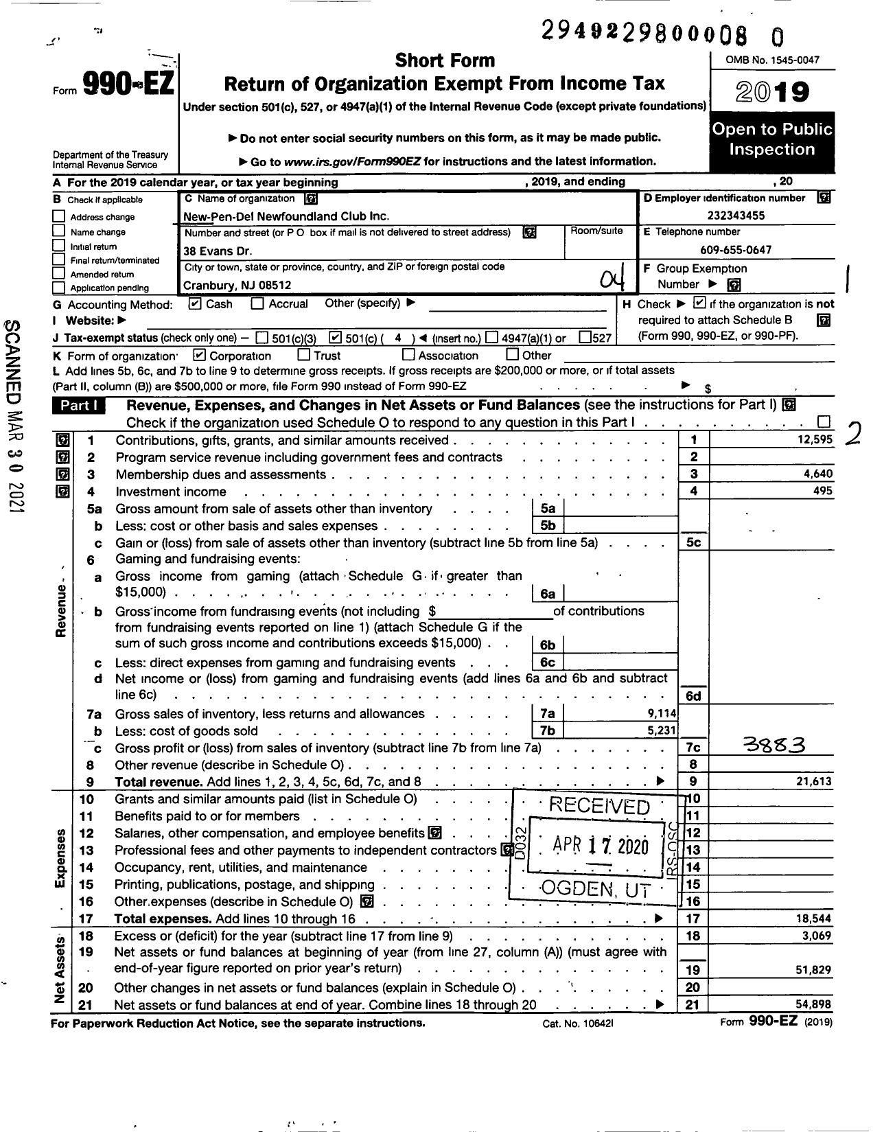 Image of first page of 2019 Form 990EO for New Pen Del Newfoundland Club