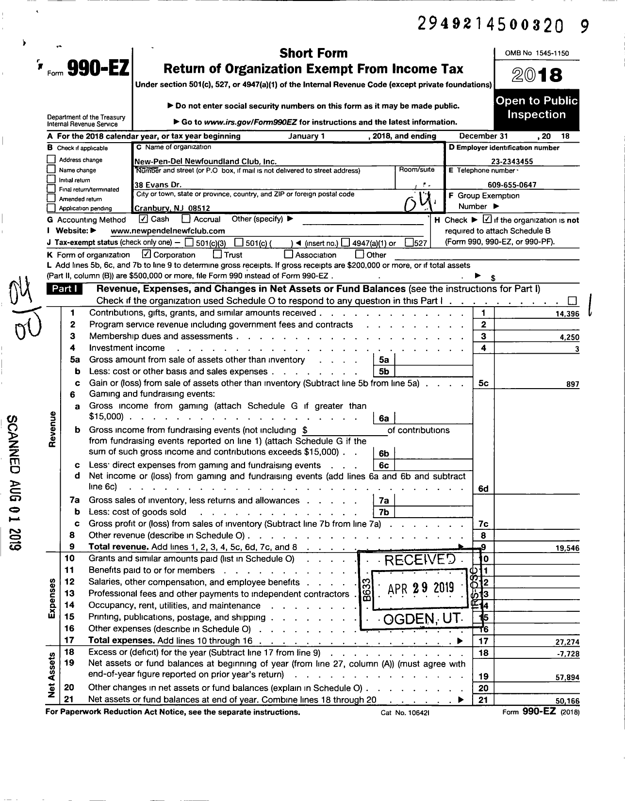 Image of first page of 2018 Form 990EO for New Pen Del Newfoundland Club