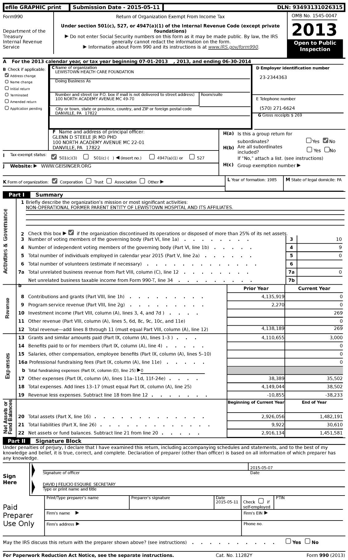 Image of first page of 2013 Form 990 for Lewistown Health Care Foundation