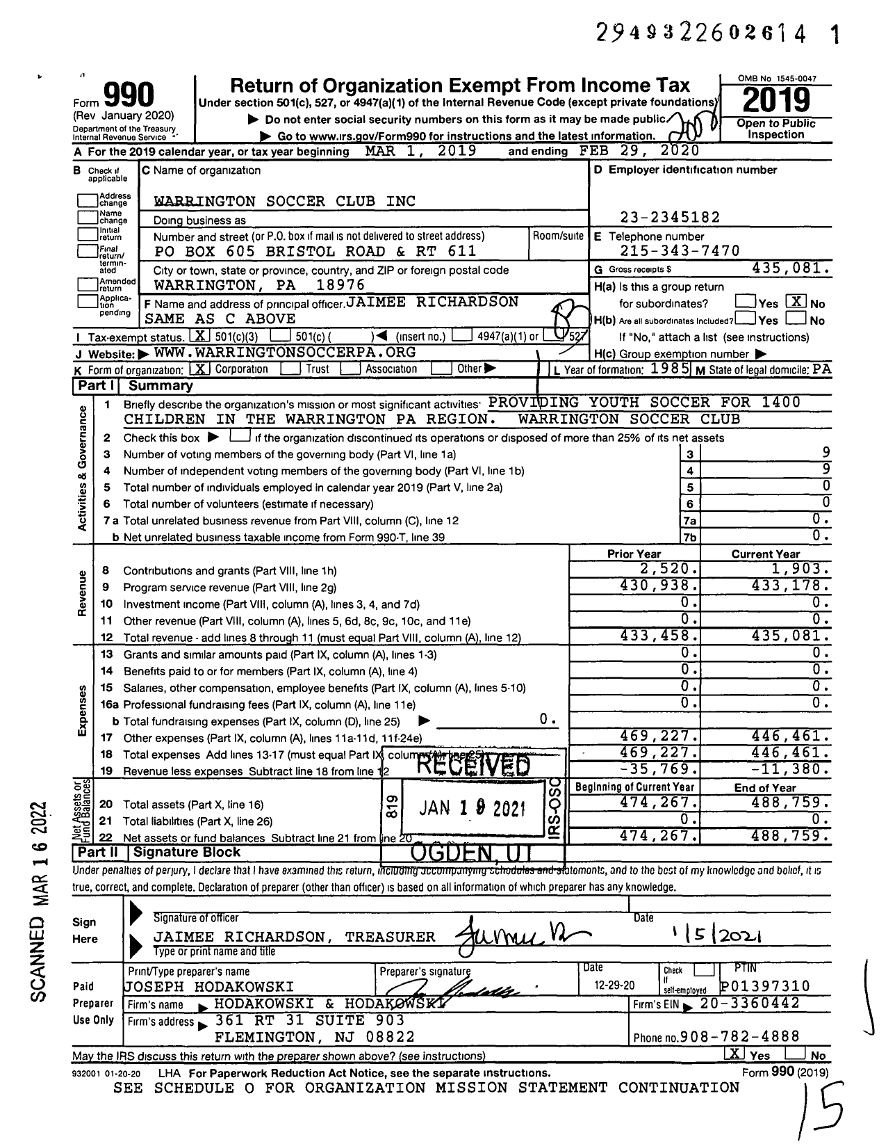 Image of first page of 2019 Form 990 for Warrington Soccer Club