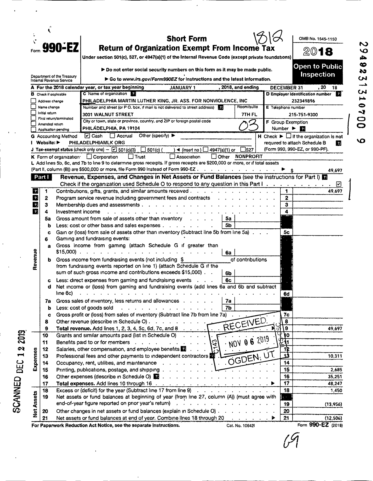 Image of first page of 2018 Form 990EZ for Philadelphia Martin Luther King JR Association for Nonviolence