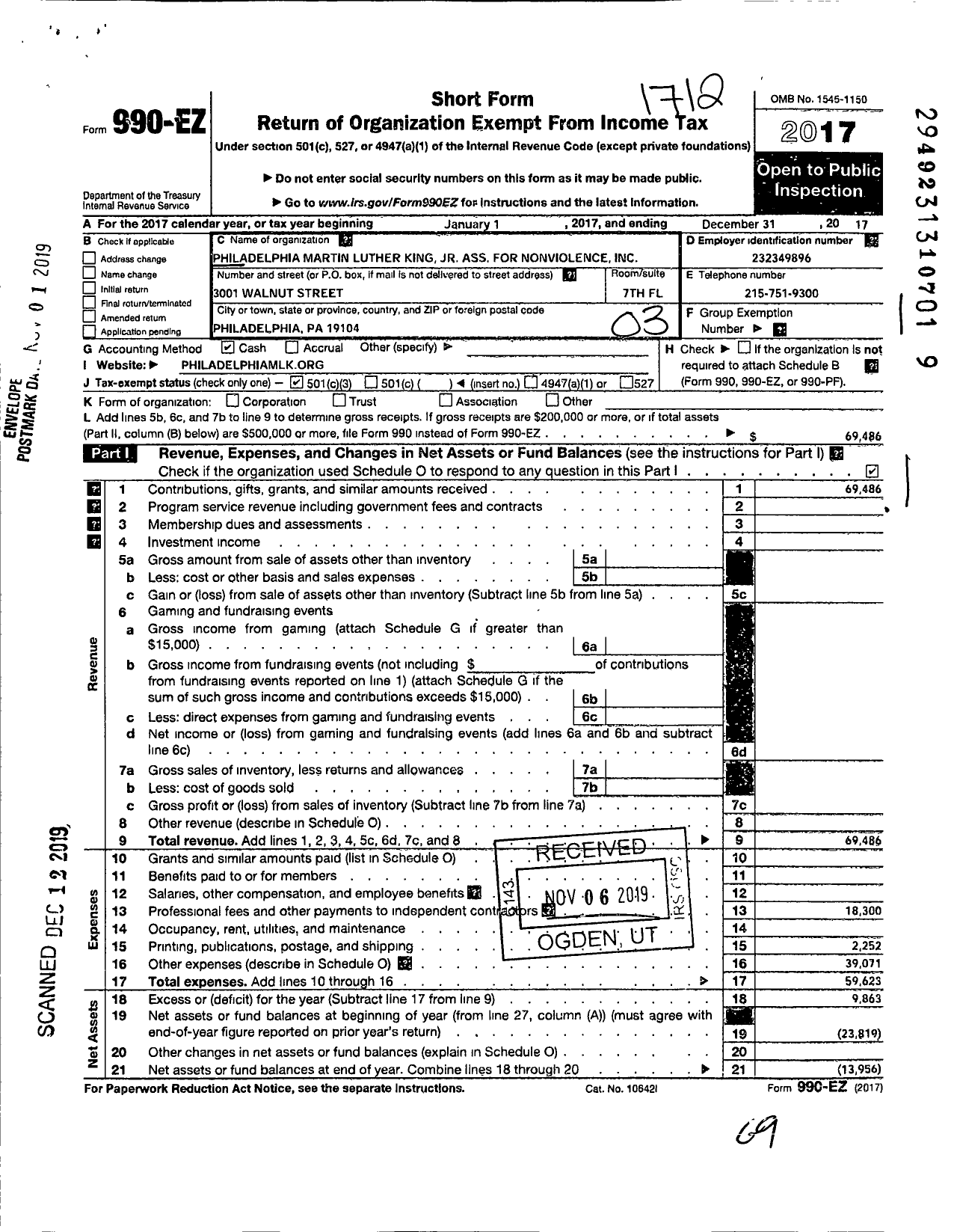 Image of first page of 2017 Form 990EZ for Philadelphia Martin Luther King JR Association for Nonviolence