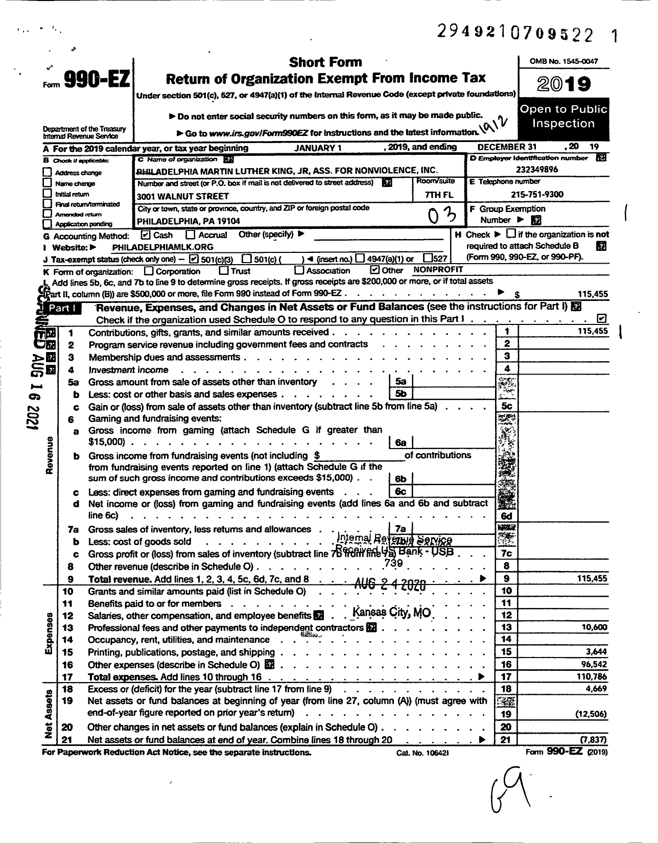 Image of first page of 2019 Form 990EZ for Philadelphia Martin Luther King JR Association for Nonviolence