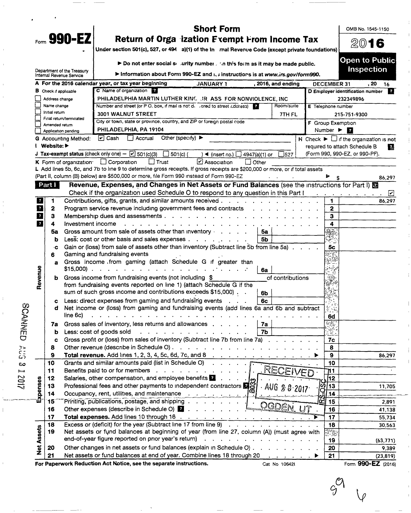 Image of first page of 2016 Form 990EZ for Philadelphia Martin Luther King JR Association for Nonviolence