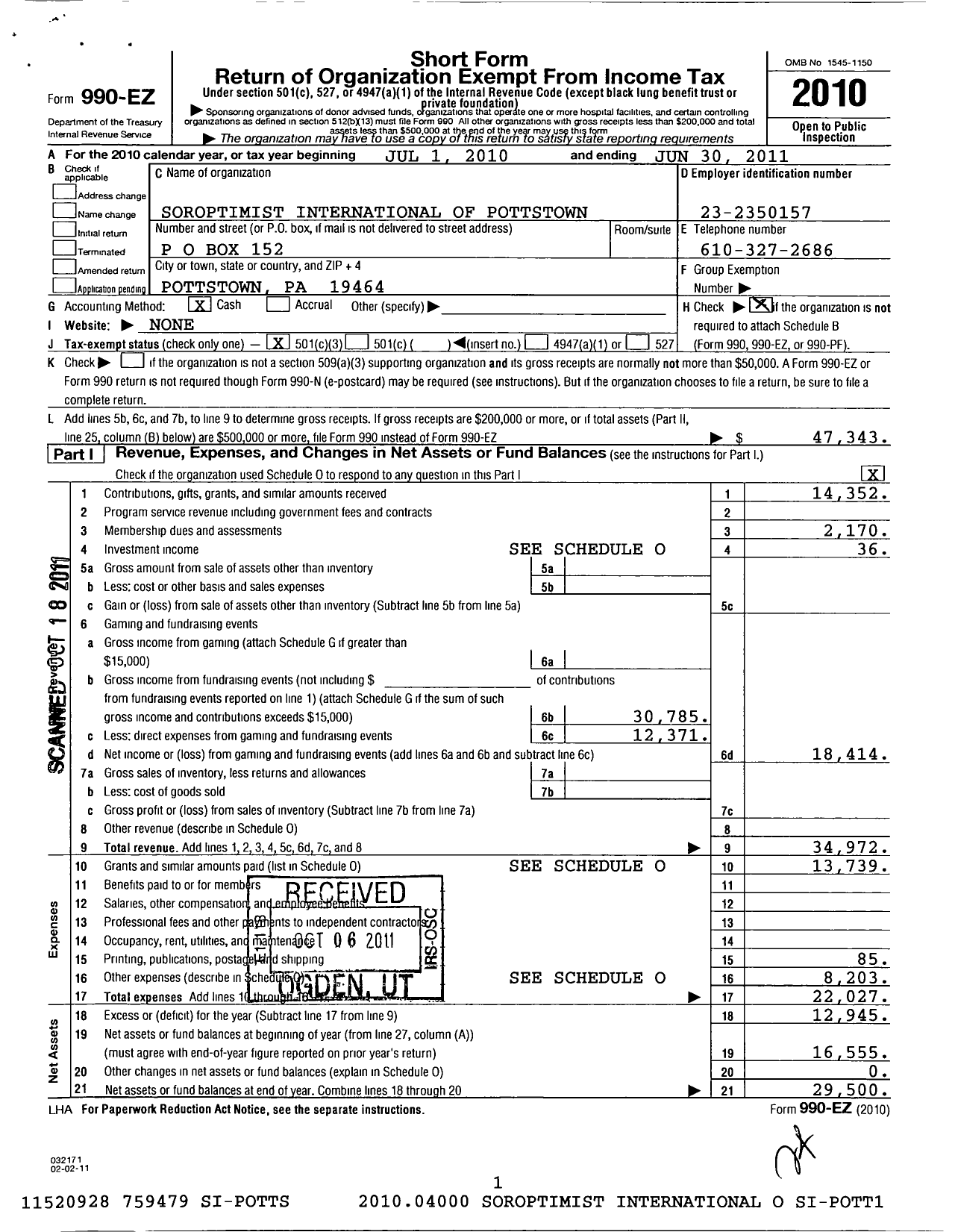 Image of first page of 2010 Form 990EZ for Soroptimist International Of The Americas - 102323 Pottstown Pa