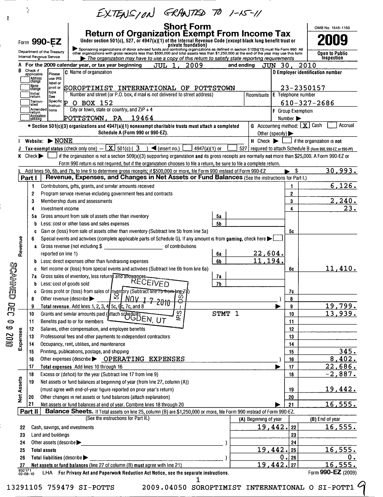 Image of first page of 2009 Form 990EZ for Soroptimist International Of The Americas - 102323 Pottstown Pa