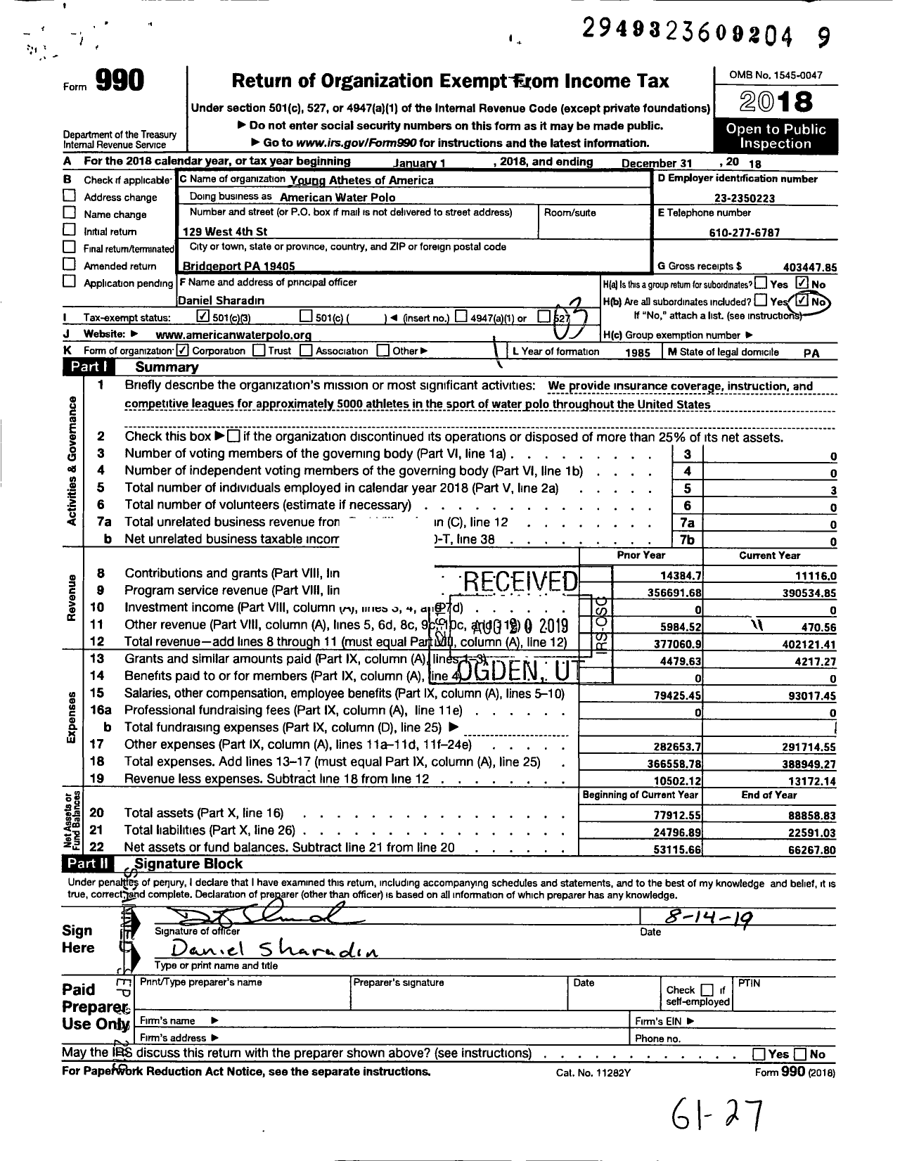 Image of first page of 2018 Form 990 for Young Athletes of America American Water Polo