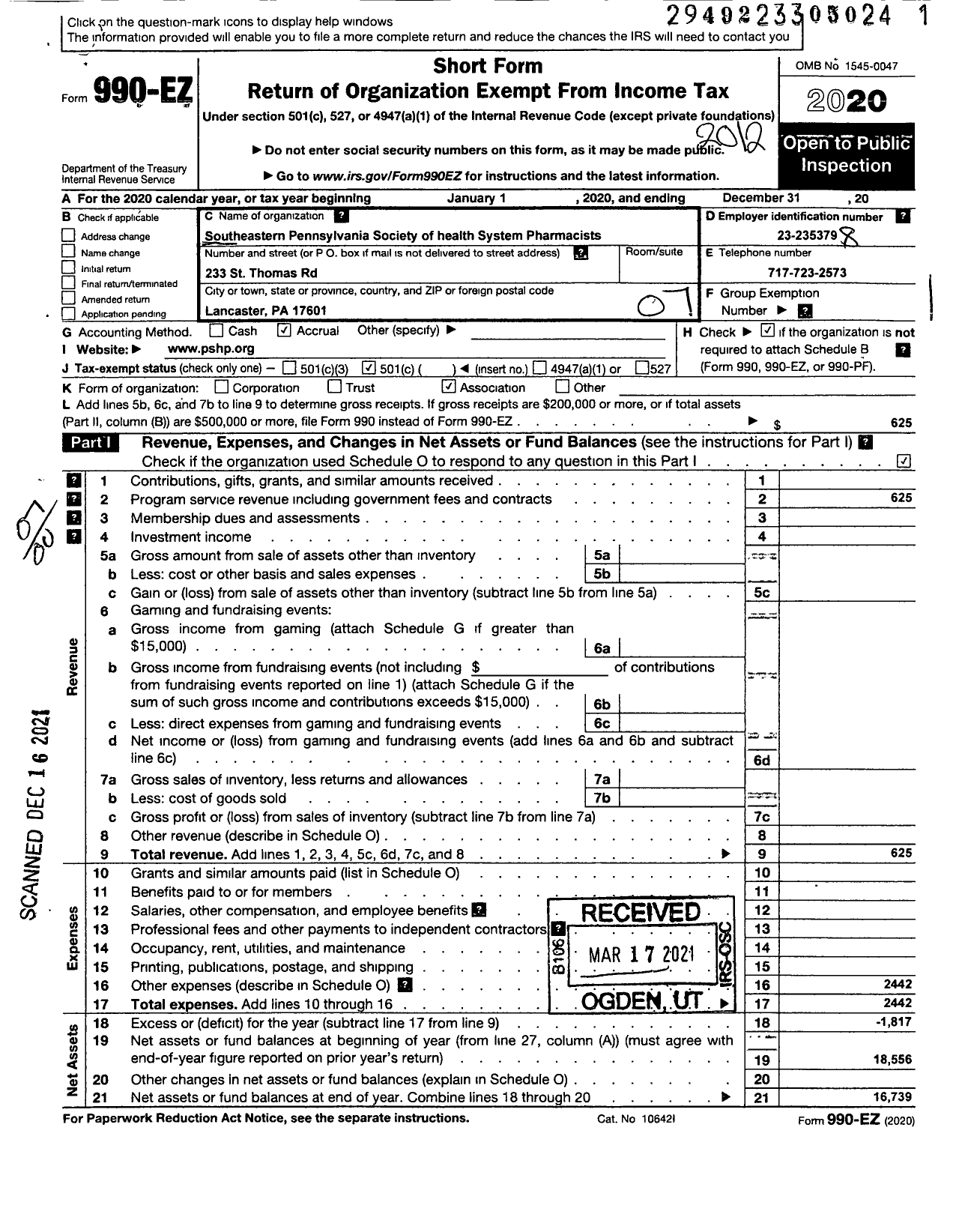 Image of first page of 2020 Form 990EO for Southeastern Society of Health System Pharmacists