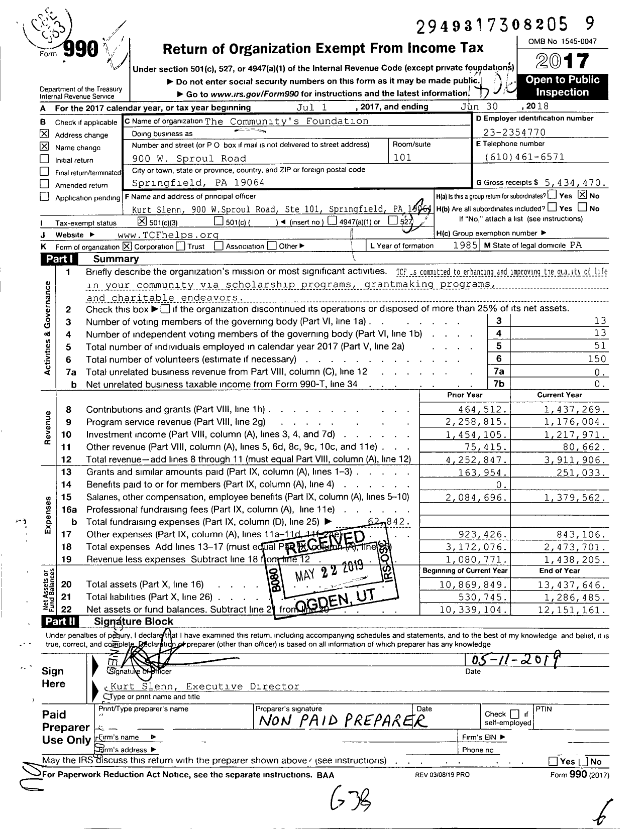 Image of first page of 2017 Form 990 for The Community's Foundation (TCF)