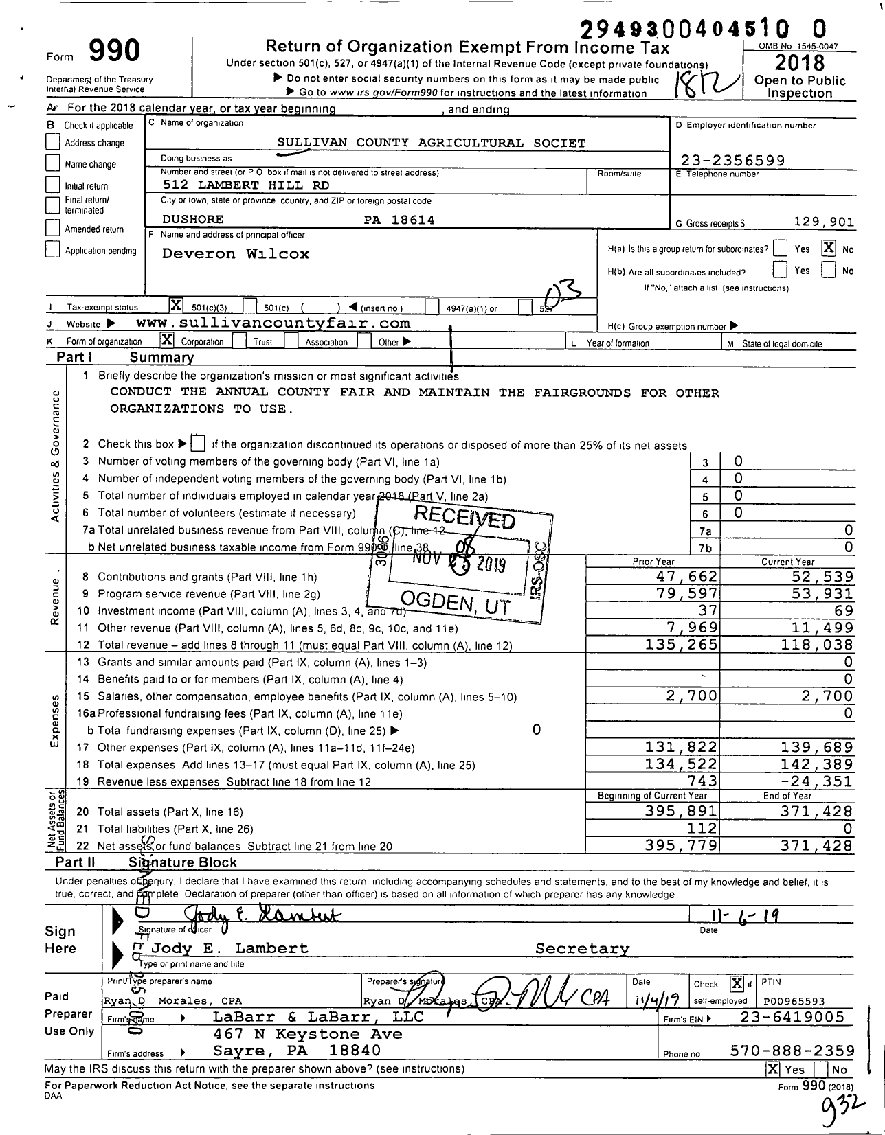 Image of first page of 2018 Form 990 for Sullivan County Agricultural Society