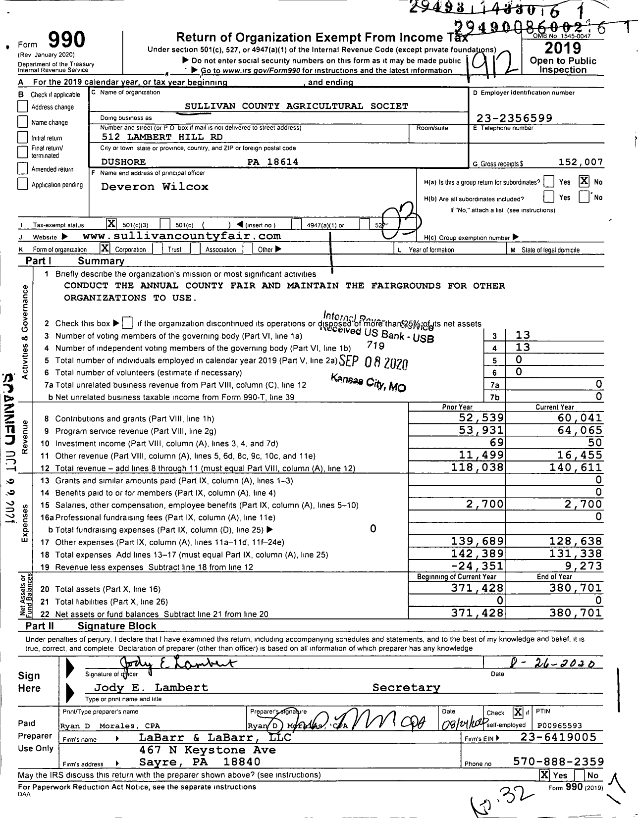 Image of first page of 2019 Form 990 for Sullivan County Agricultural Society