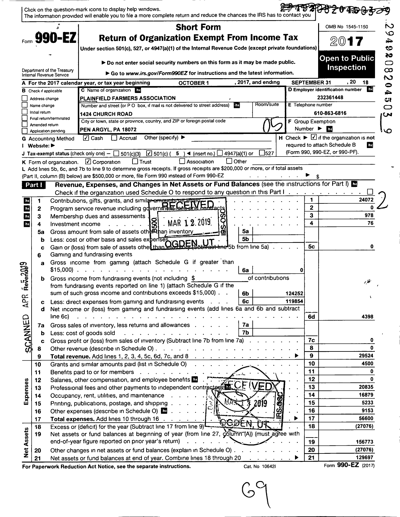 Image of first page of 2017 Form 990EO for Plainfield Farmers Fair