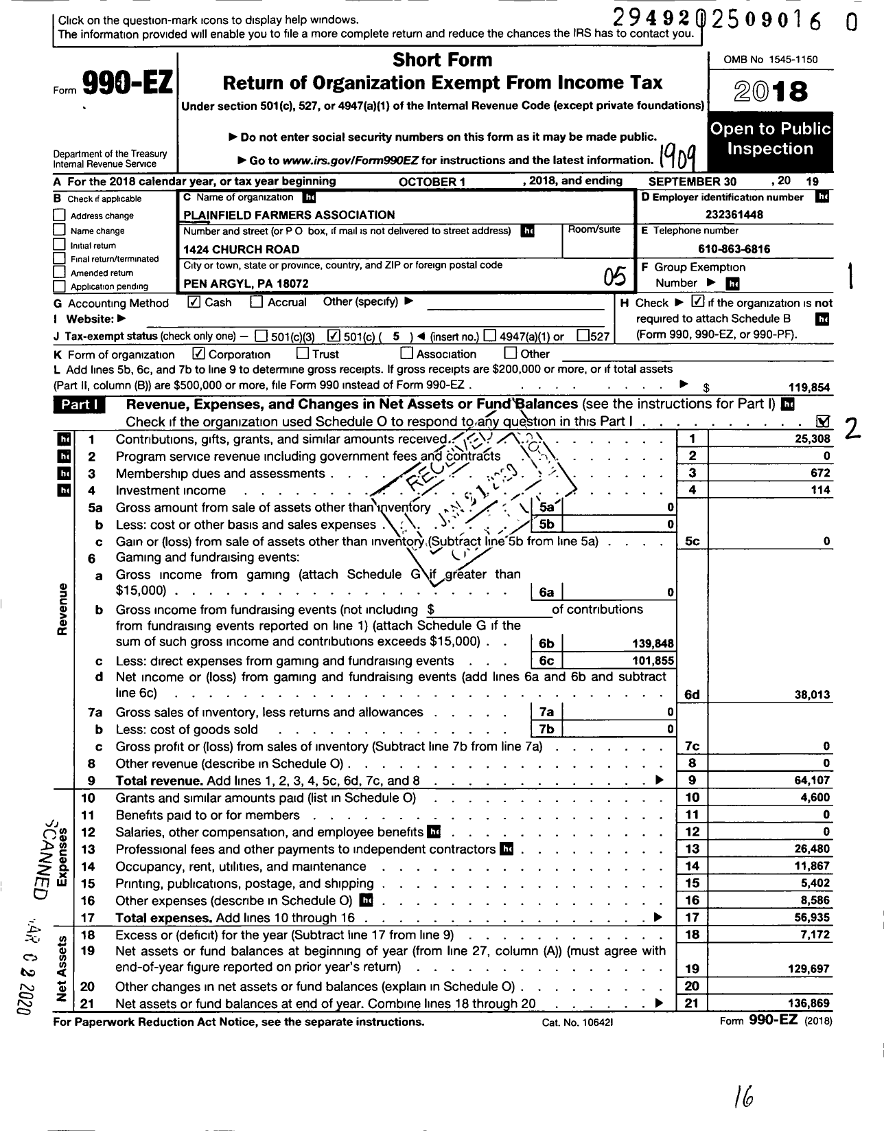 Image of first page of 2018 Form 990EO for Plainfield Farmers Fair