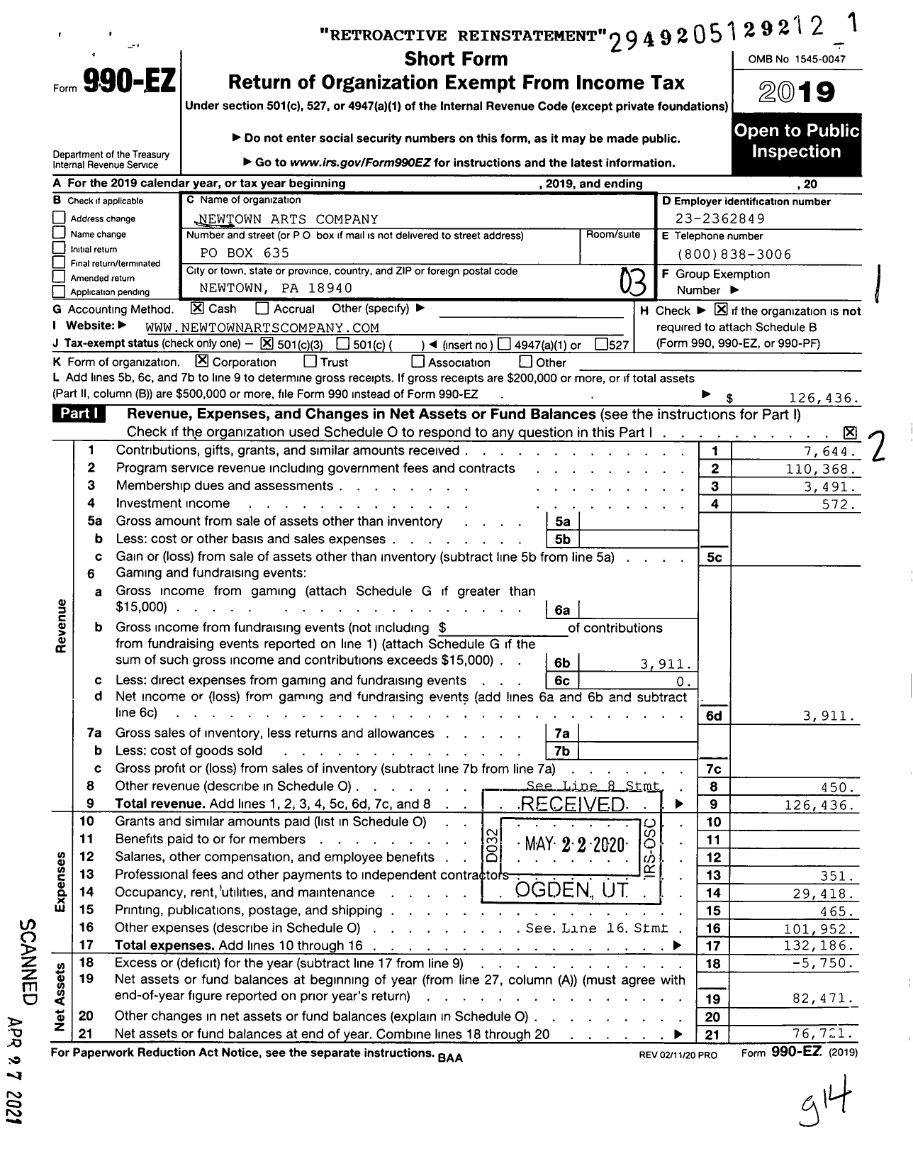 Image of first page of 2019 Form 990EZ for Newtown Arts Company