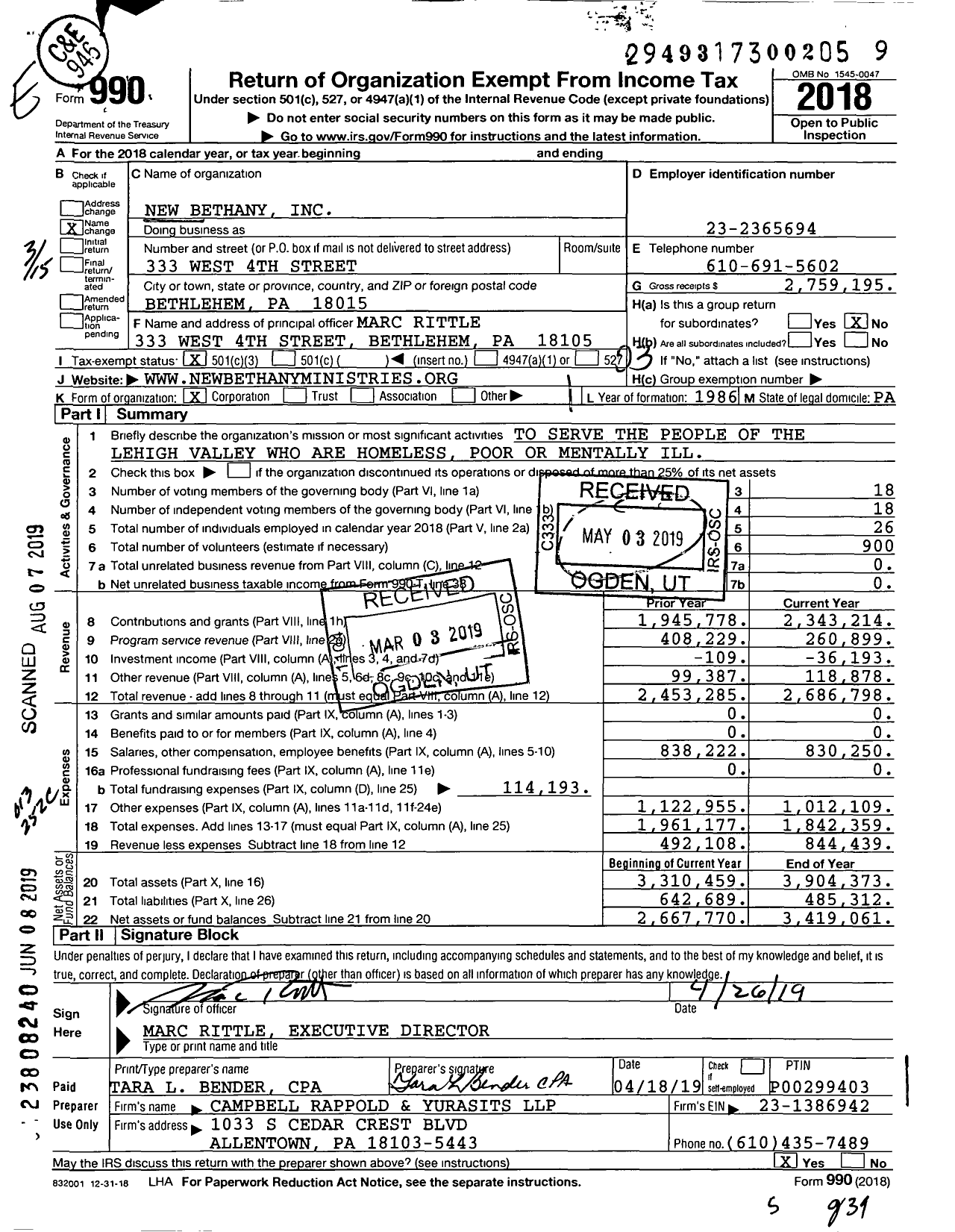 Image of first page of 2018 Form 990 for New Bethany