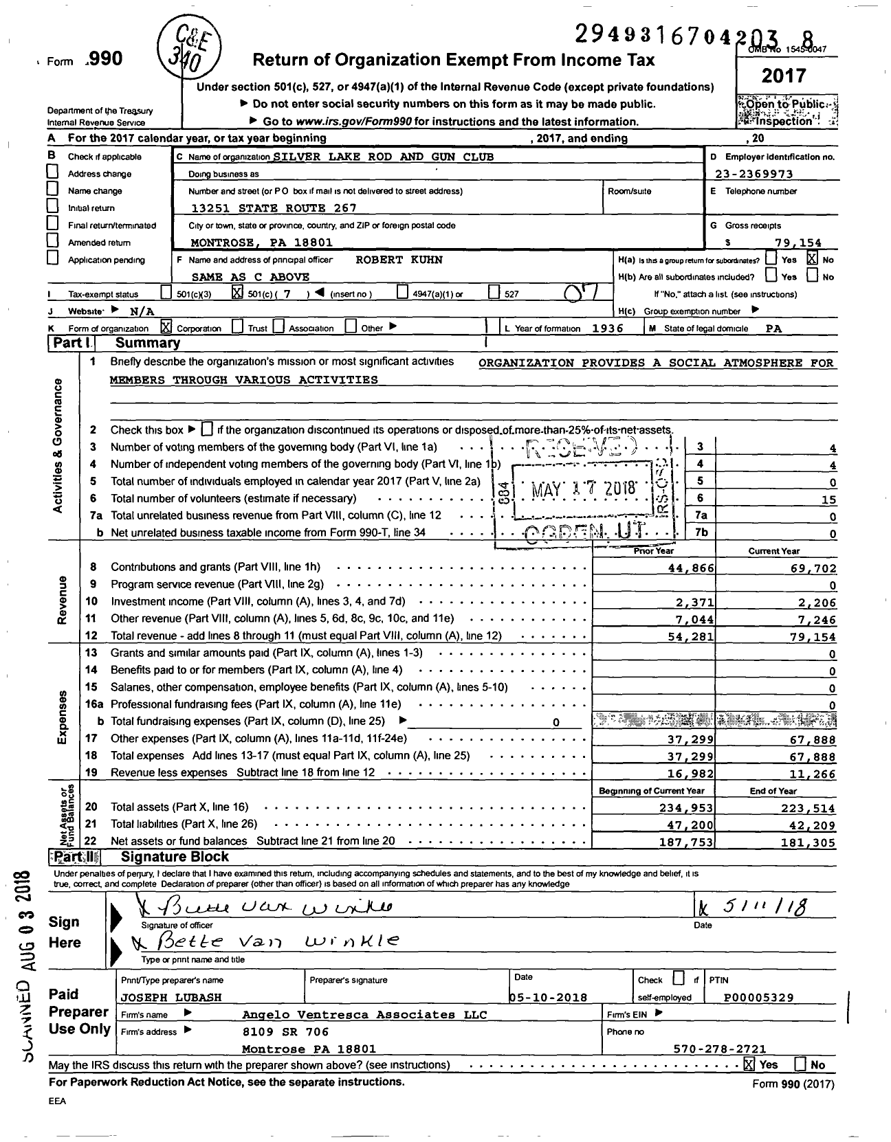 Image of first page of 2017 Form 990O for Silver Lake Rod and Gun Club