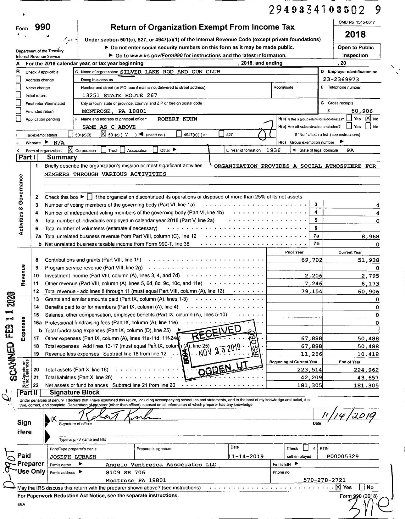 Image of first page of 2018 Form 990O for Silver Lake Rod and Gun Club