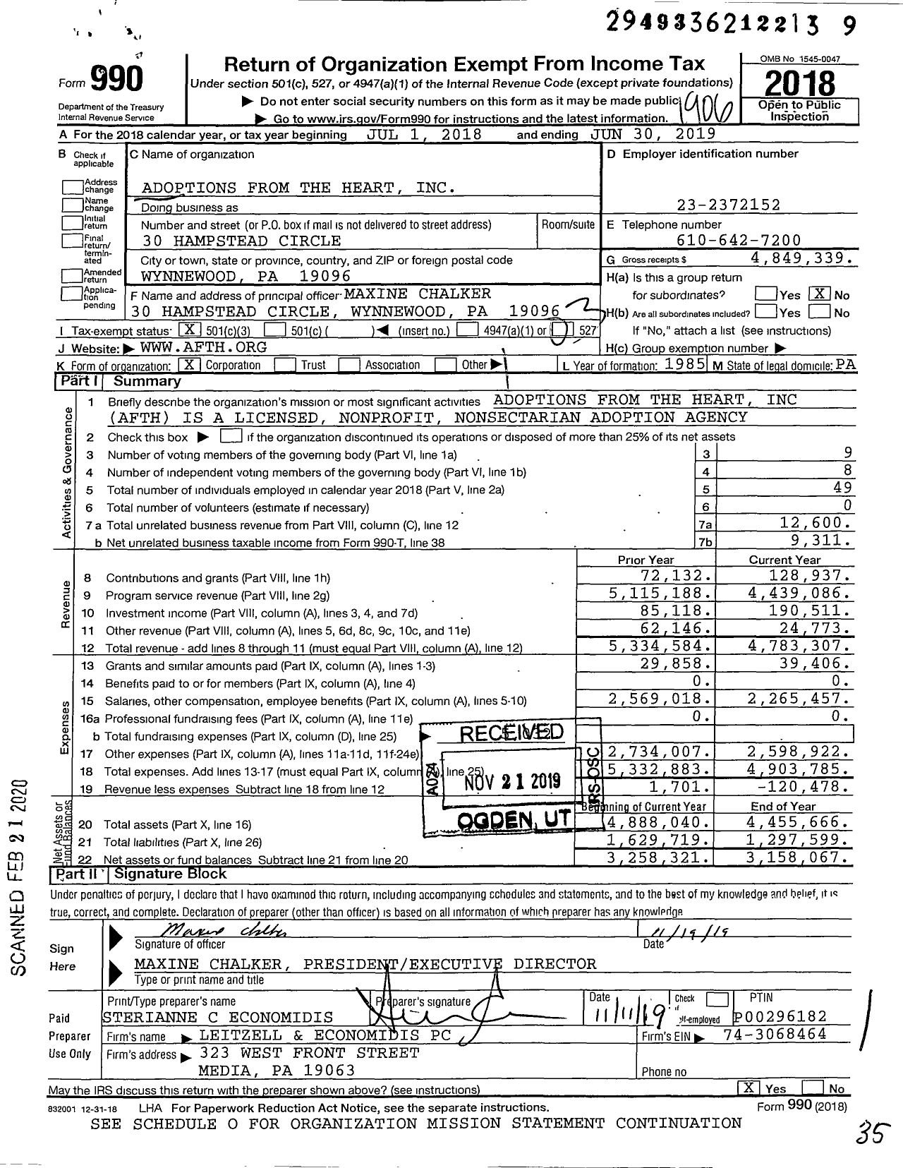 Image of first page of 2018 Form 990 for Adoptions From the Heart