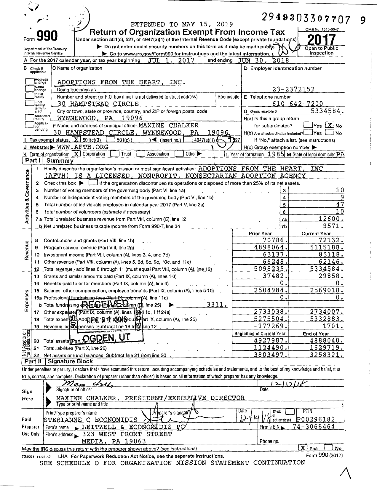 Image of first page of 2017 Form 990 for Adoptions From the Heart