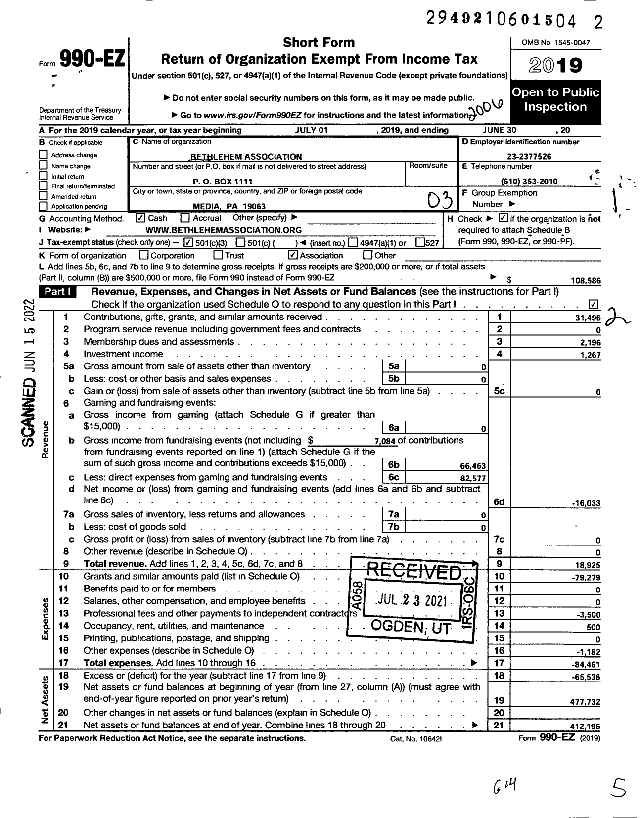 Image of first page of 2019 Form 990EZ for Bethlehem Association