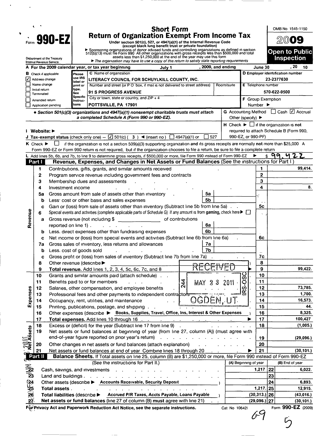 Image of first page of 2009 Form 990EZ for Literacy Council for Schuylkill County