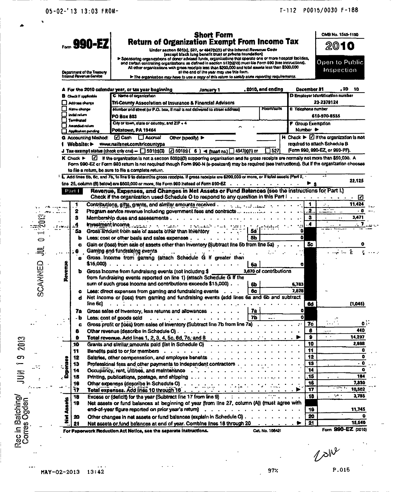 Image of first page of 2010 Form 990EO for Tri-County Association of Insurance and Financial Advisors