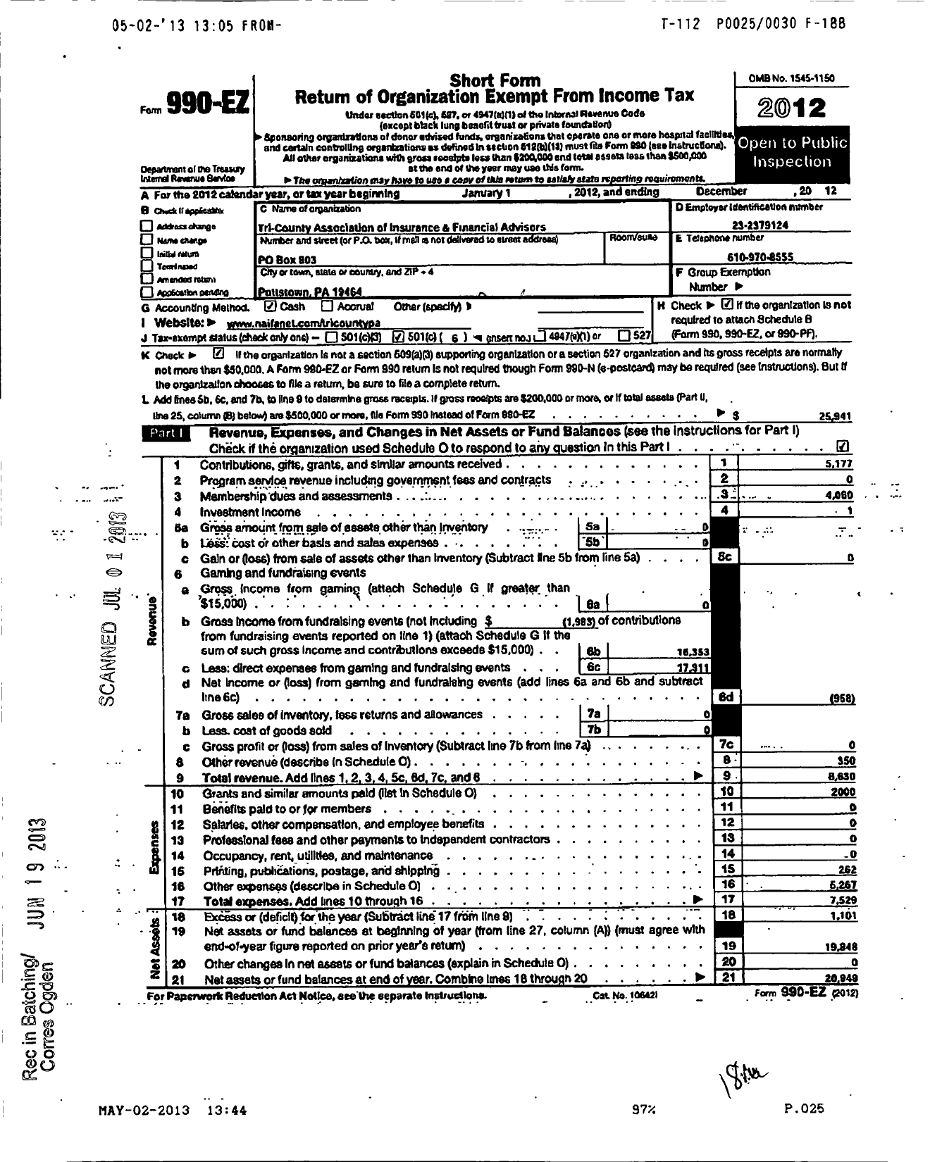 Image of first page of 2012 Form 990EO for Tri-County Association of Insurance and Financial Advisors