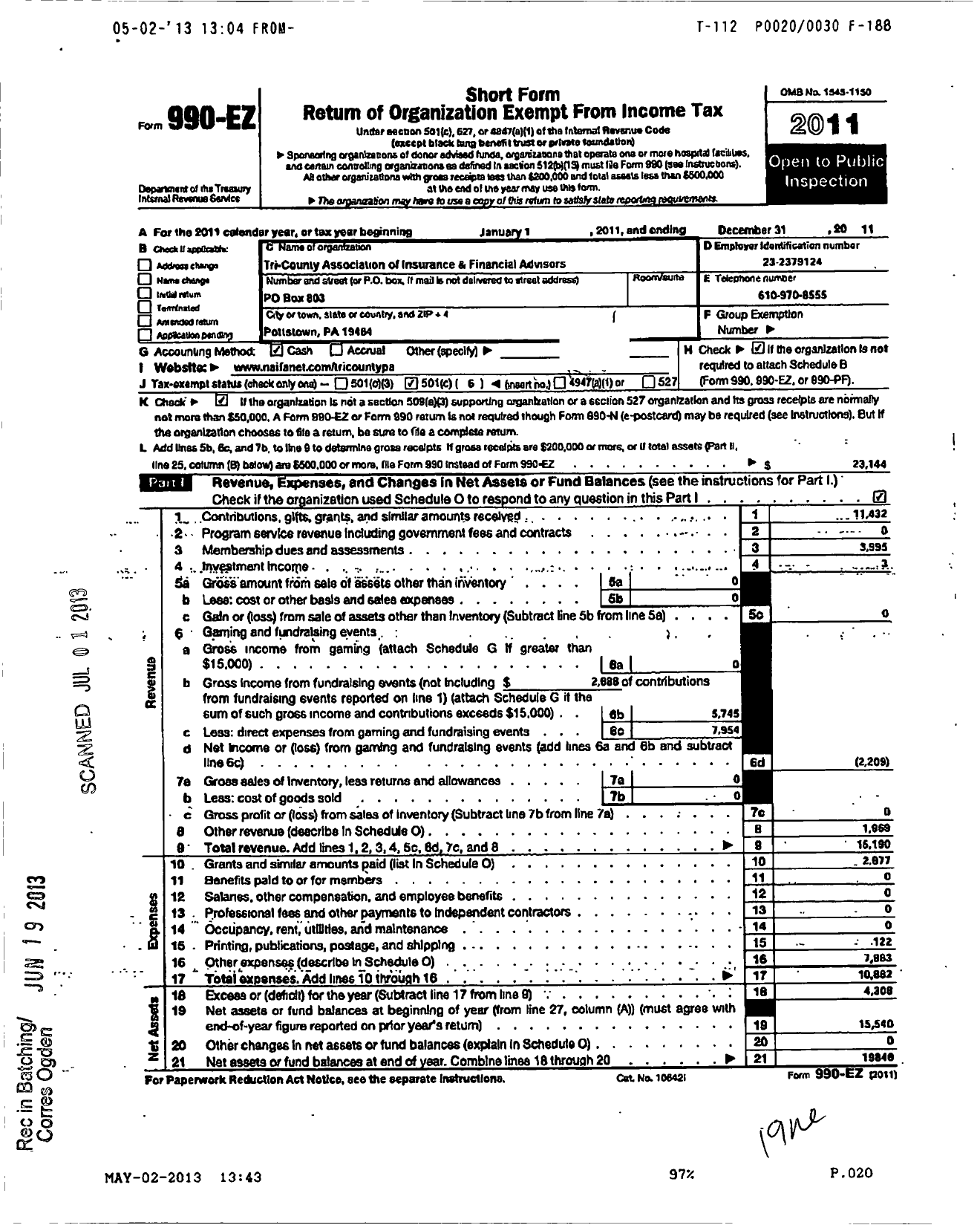 Image of first page of 2011 Form 990EO for Tri-County Association of Insurance and Financial Advisors