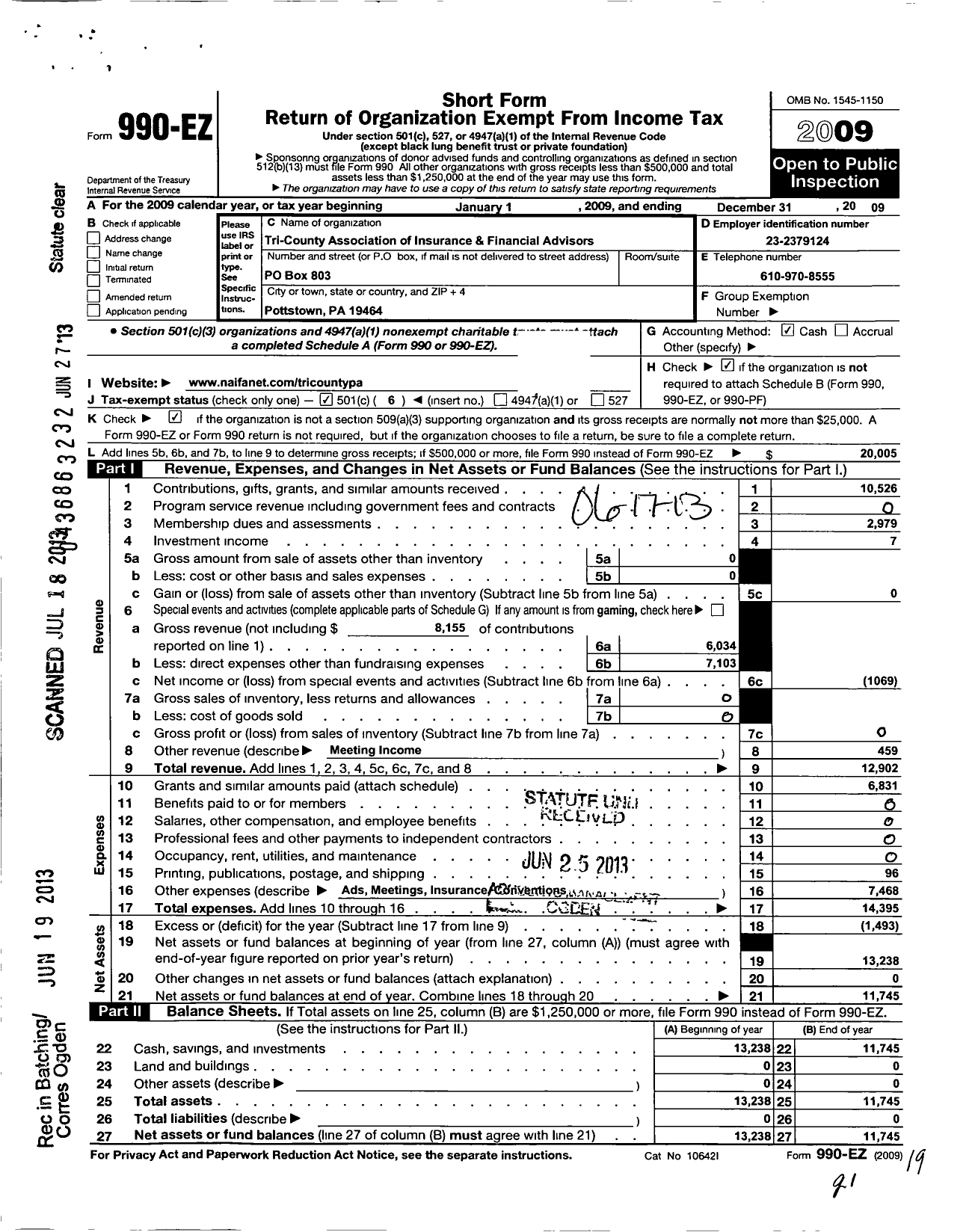 Image of first page of 2009 Form 990EO for Tri-County Association of Insurance and Financial Advisors