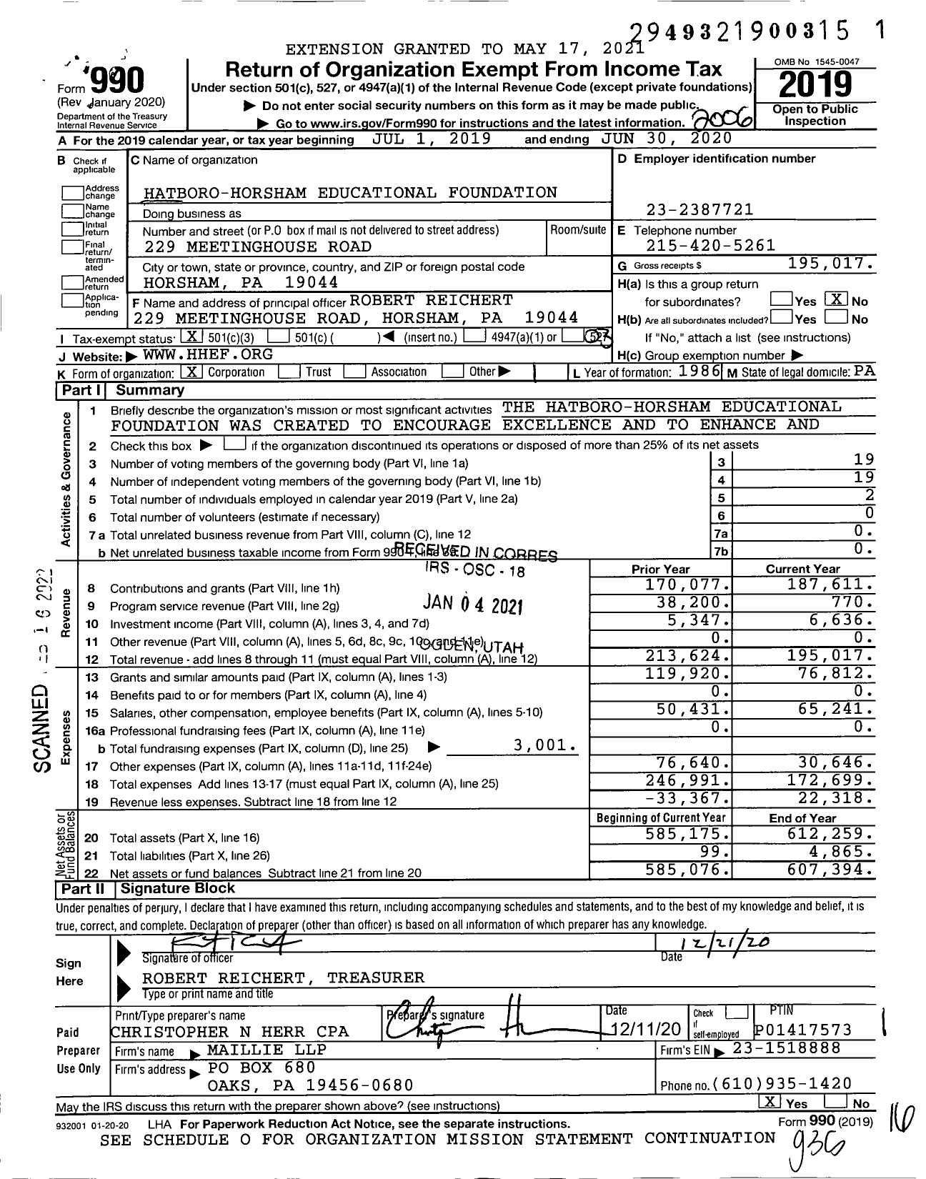 Image of first page of 2019 Form 990 for Hatboro-Horsham Educational Foundation