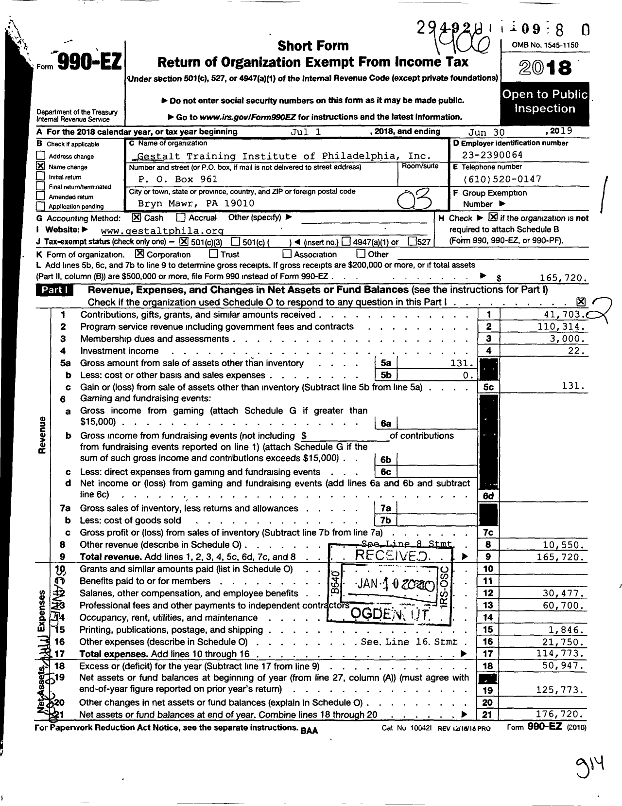 Image of first page of 2018 Form 990EZ for Gestalt Training Institute of Philadelphia