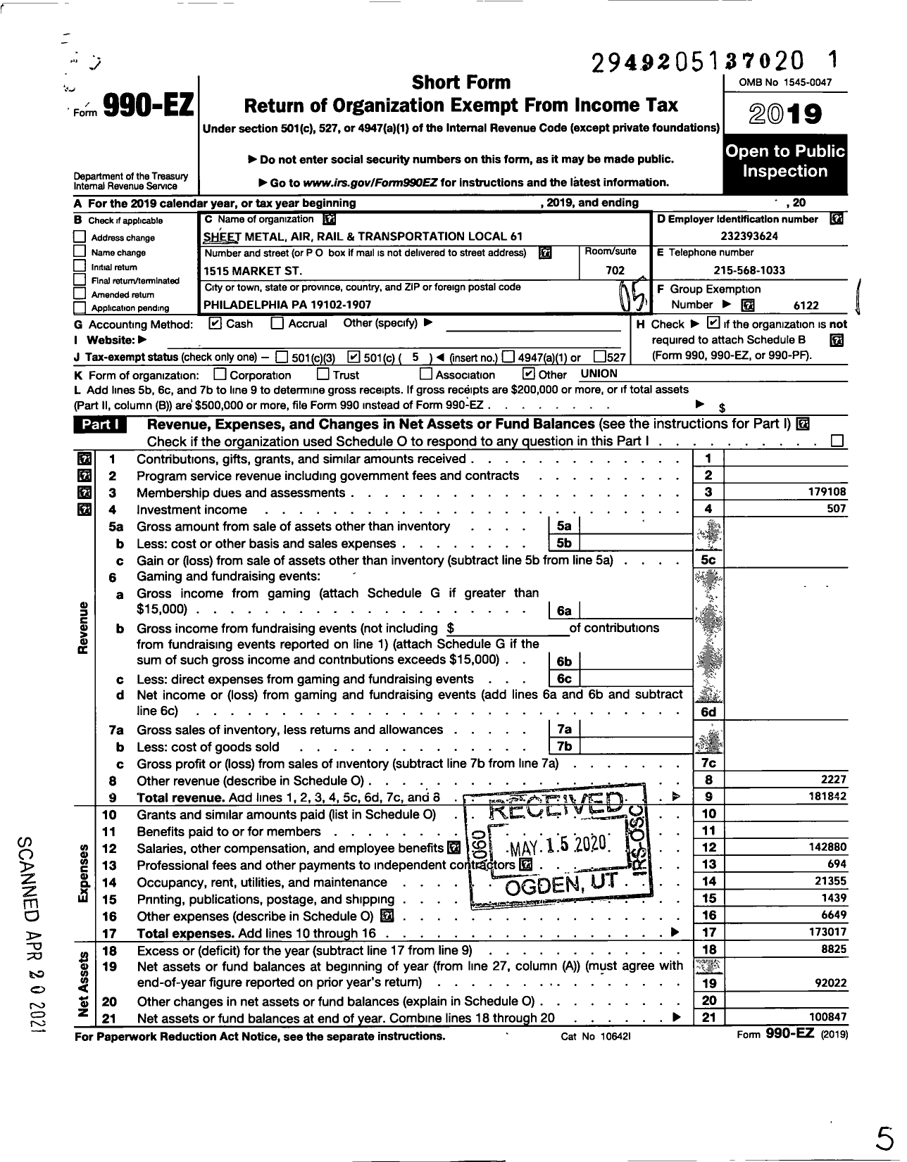 Image of first page of 2019 Form 990EO for Smart Union - 61 TD