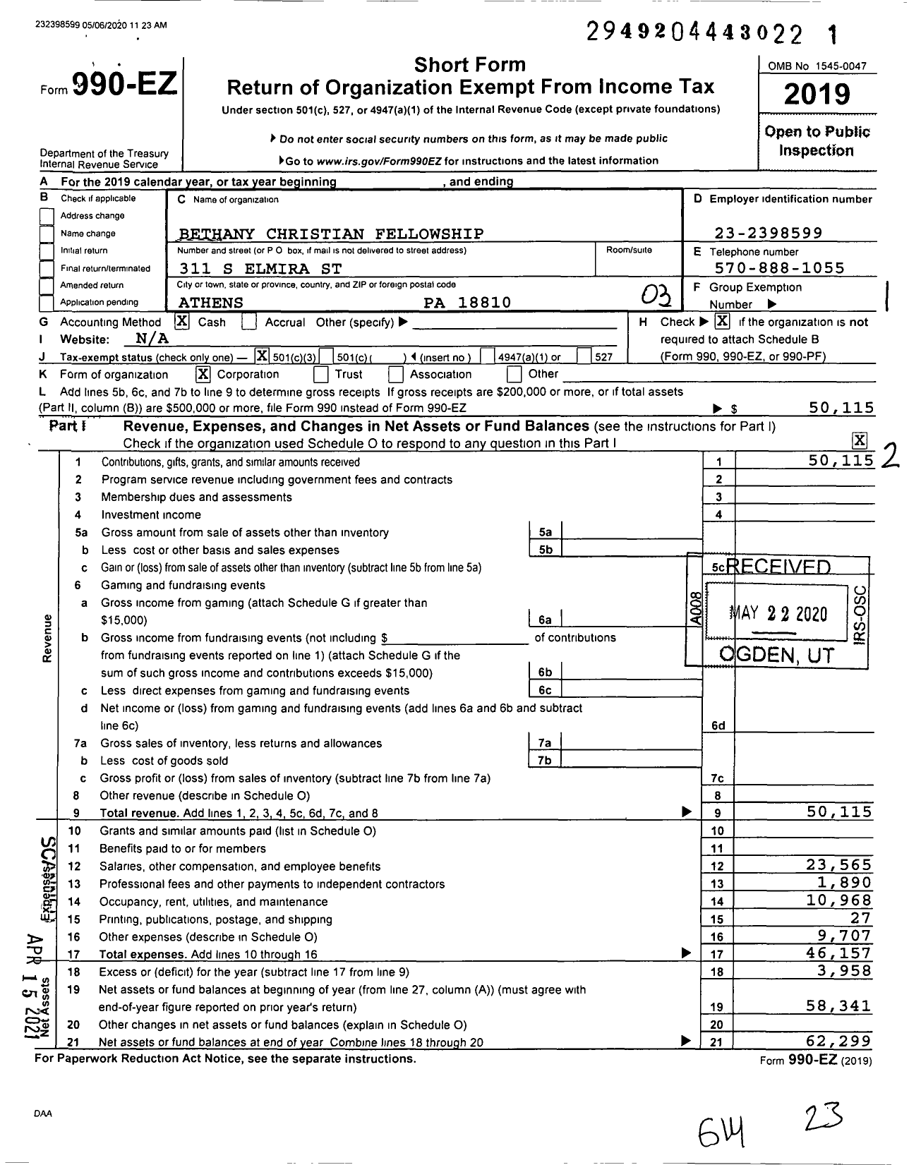 Image of first page of 2019 Form 990EZ for Bethany Christian Fellowship