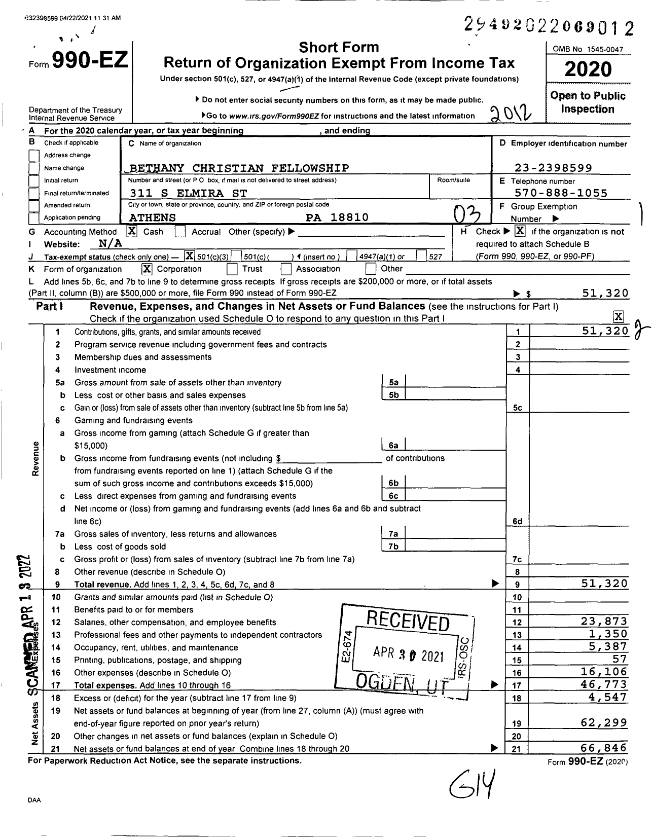 Image of first page of 2020 Form 990EZ for Bethany Christian Fellowship