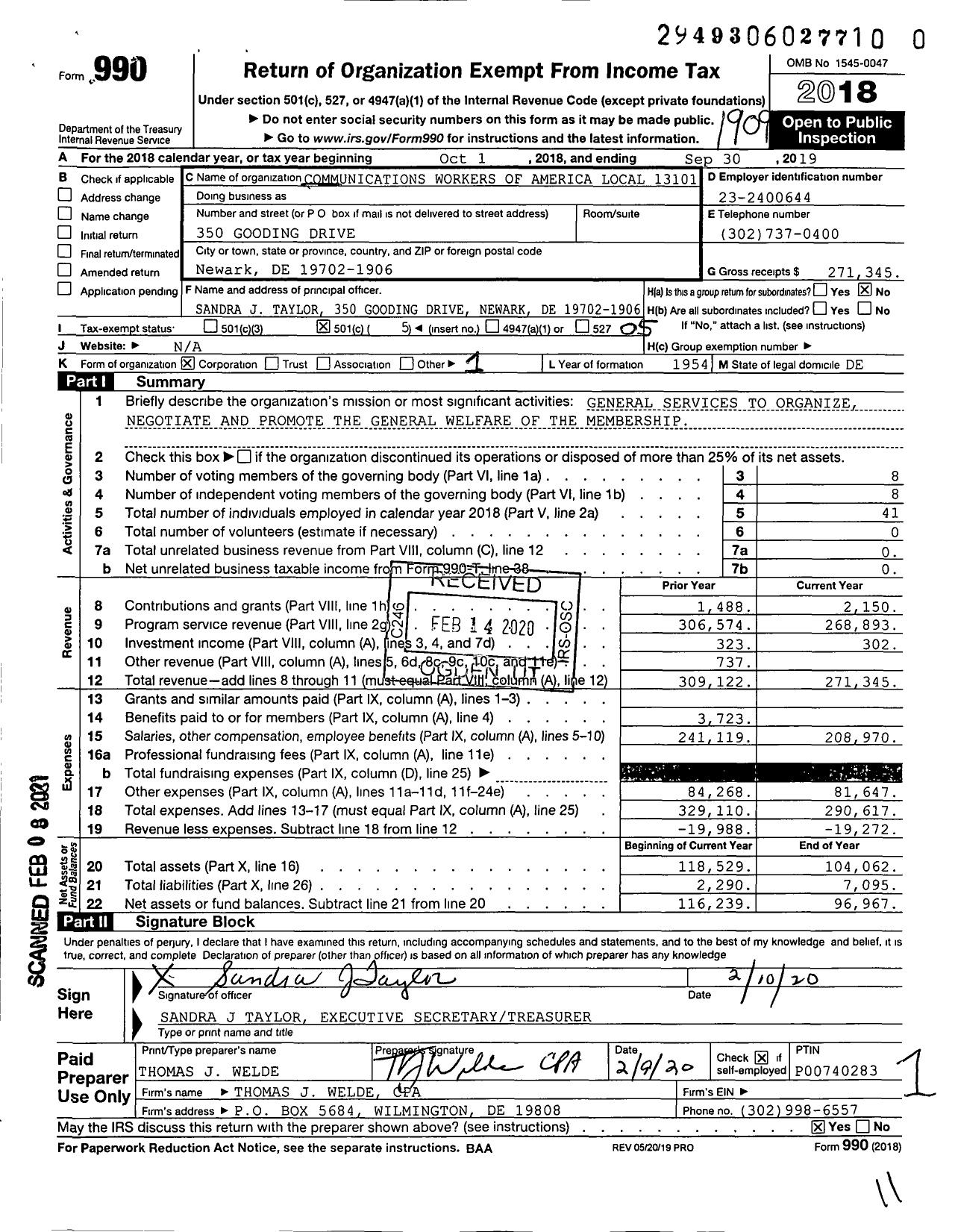Image of first page of 2018 Form 990O for Communications Workers of America - 13101 Local