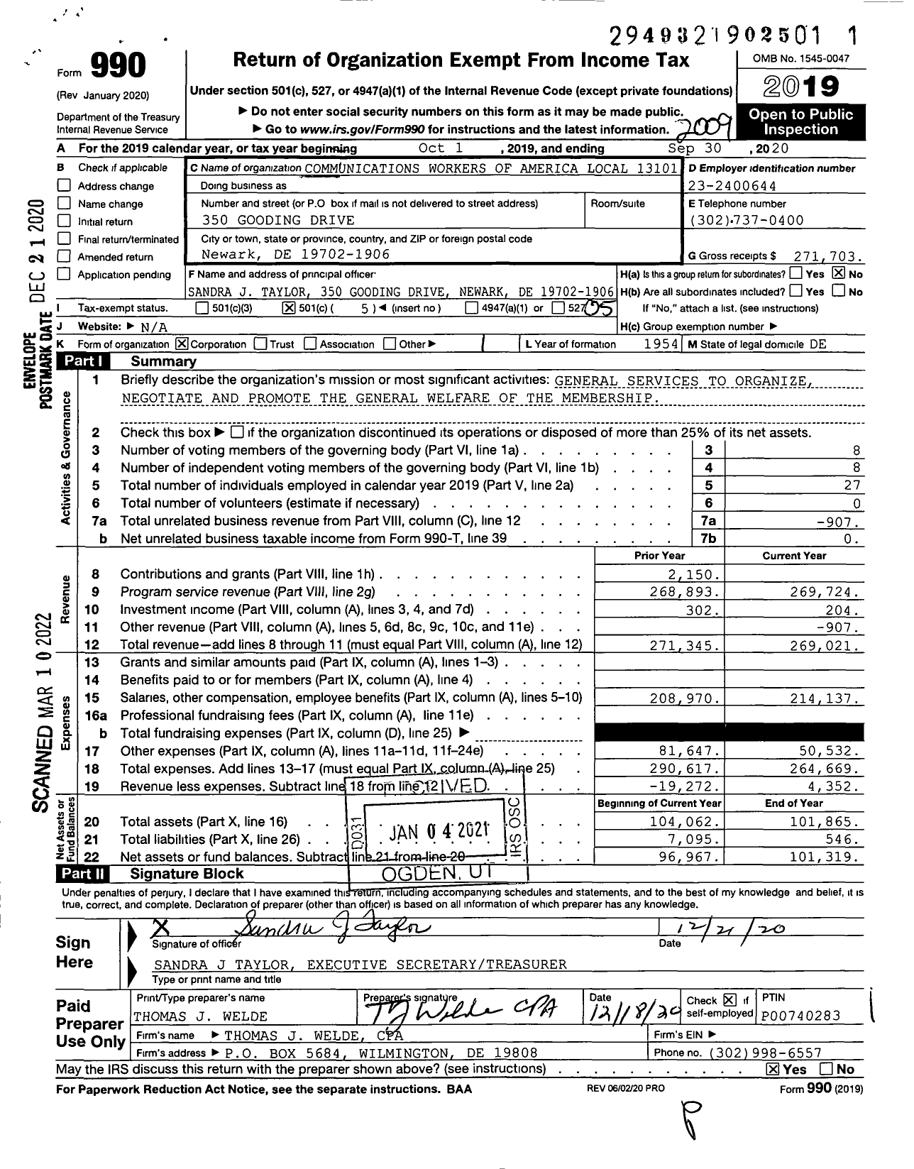 Image of first page of 2019 Form 990O for Communications Workers of America - 13101 Local