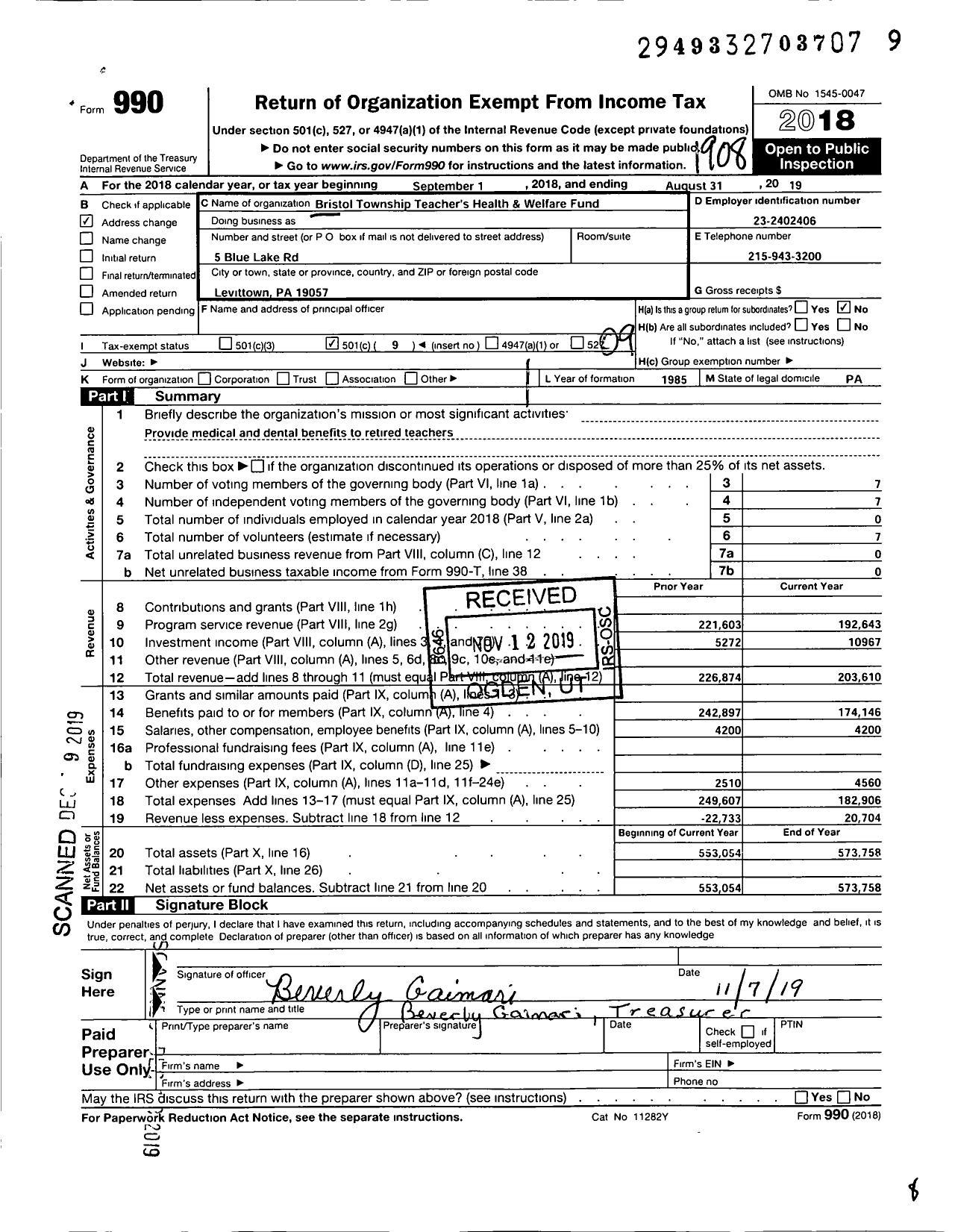 Image of first page of 2018 Form 990O for Bristol Township Teachers Health and Welfare Fund